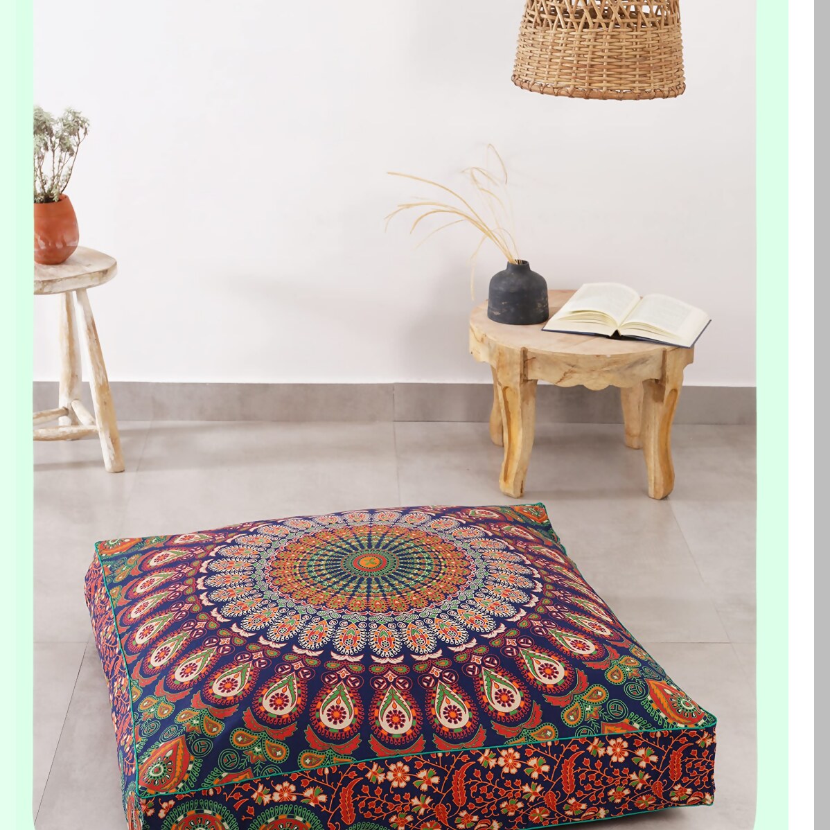 Peacock Boho Floor Pillow Cover - Oversized Cotton Cushion for Pets & Daybed - Heavy Duty Zipper Seating Ottoman - 35" Navy Blue