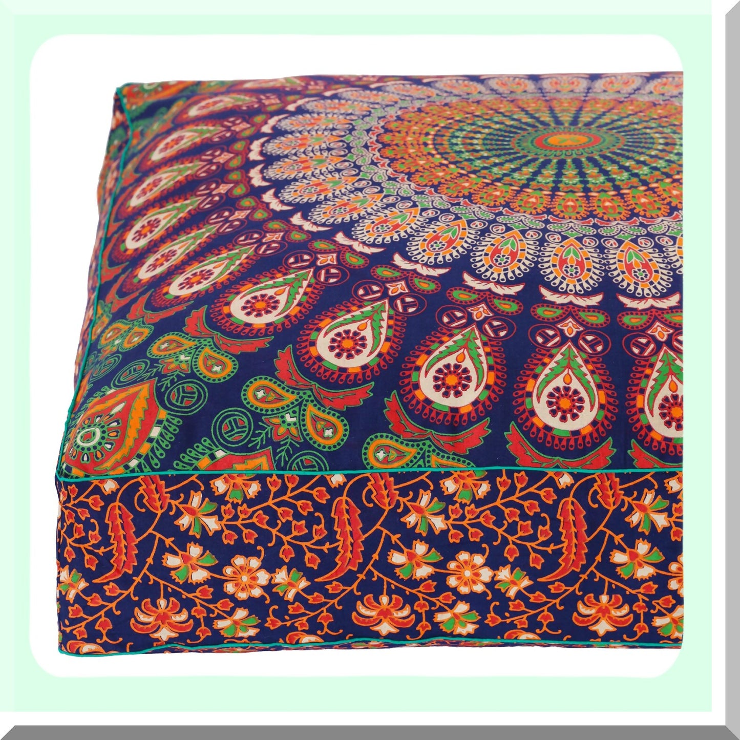 Peacock Boho Floor Pillow Cover - Oversized Cotton Cushion for Pets & Daybed - Heavy Duty Zipper Seating Ottoman - 35" Navy Blue