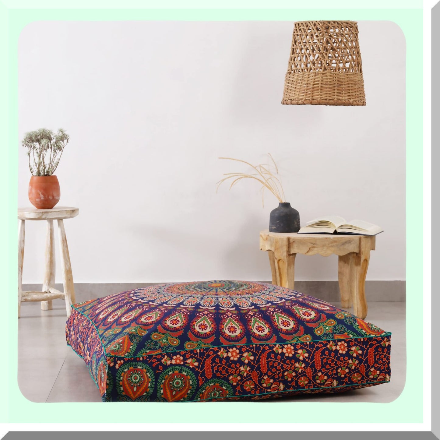 Peacock Boho Floor Pillow Cover - Oversized Cotton Cushion for Pets & Daybed - Heavy Duty Zipper Seating Ottoman - 35" Navy Blue