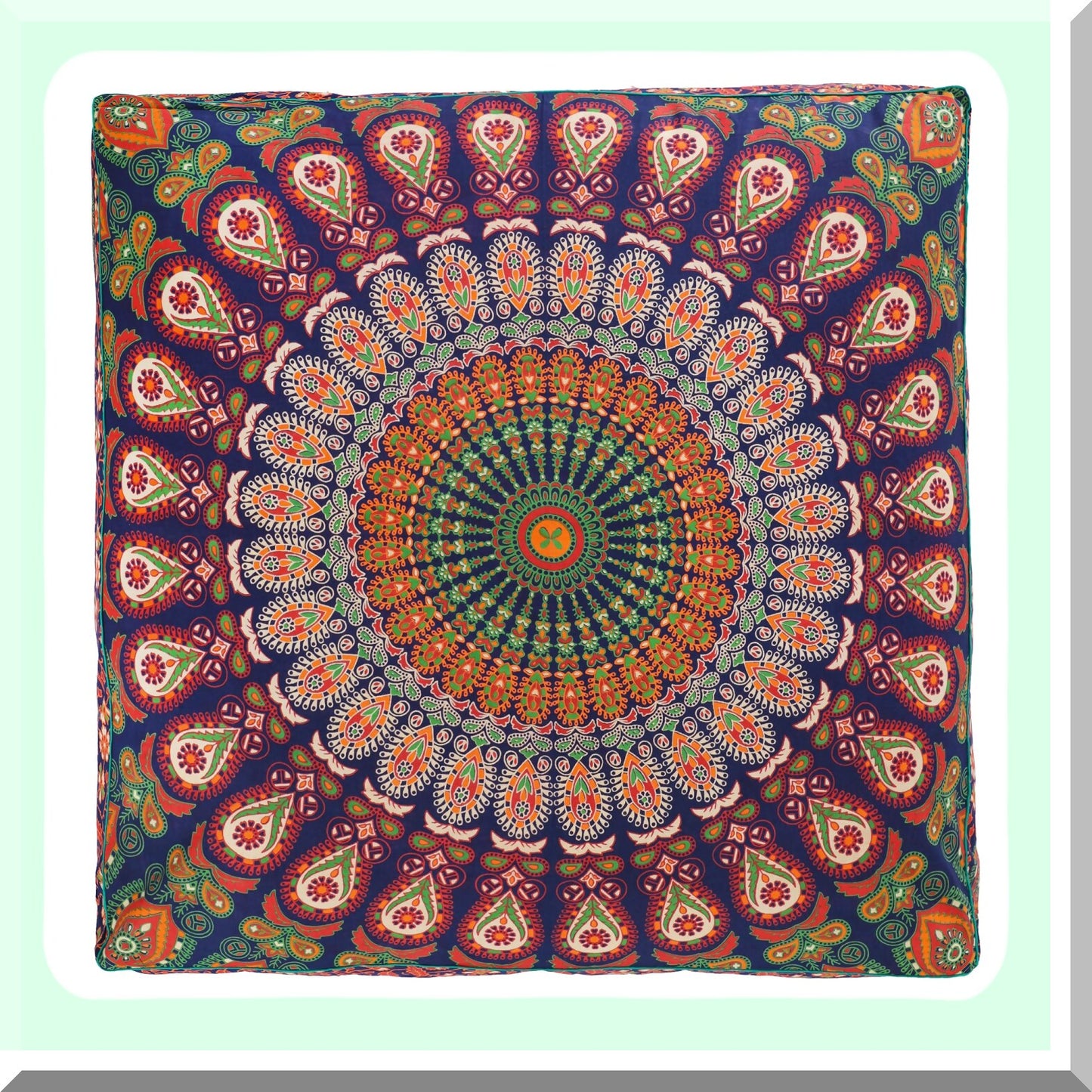 Peacock Boho Floor Pillow Cover - Oversized Cotton Cushion for Pets & Daybed - Heavy Duty Zipper Seating Ottoman - 35" Navy Blue