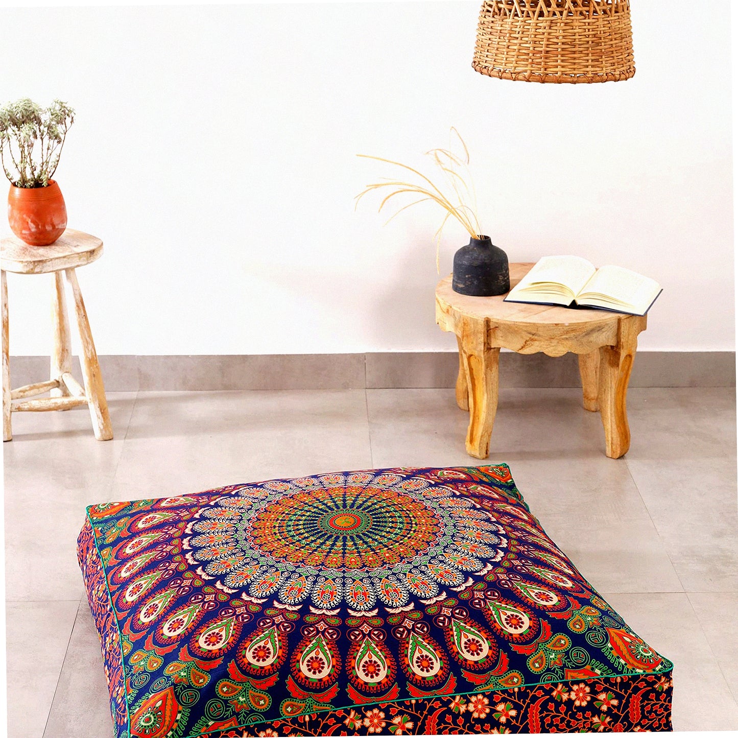 Peacock Boho Floor Pillow Cover - Oversized Cotton Cushion for Pets & Daybed - Heavy Duty Zipper Seating Ottoman - 35" Navy Blue