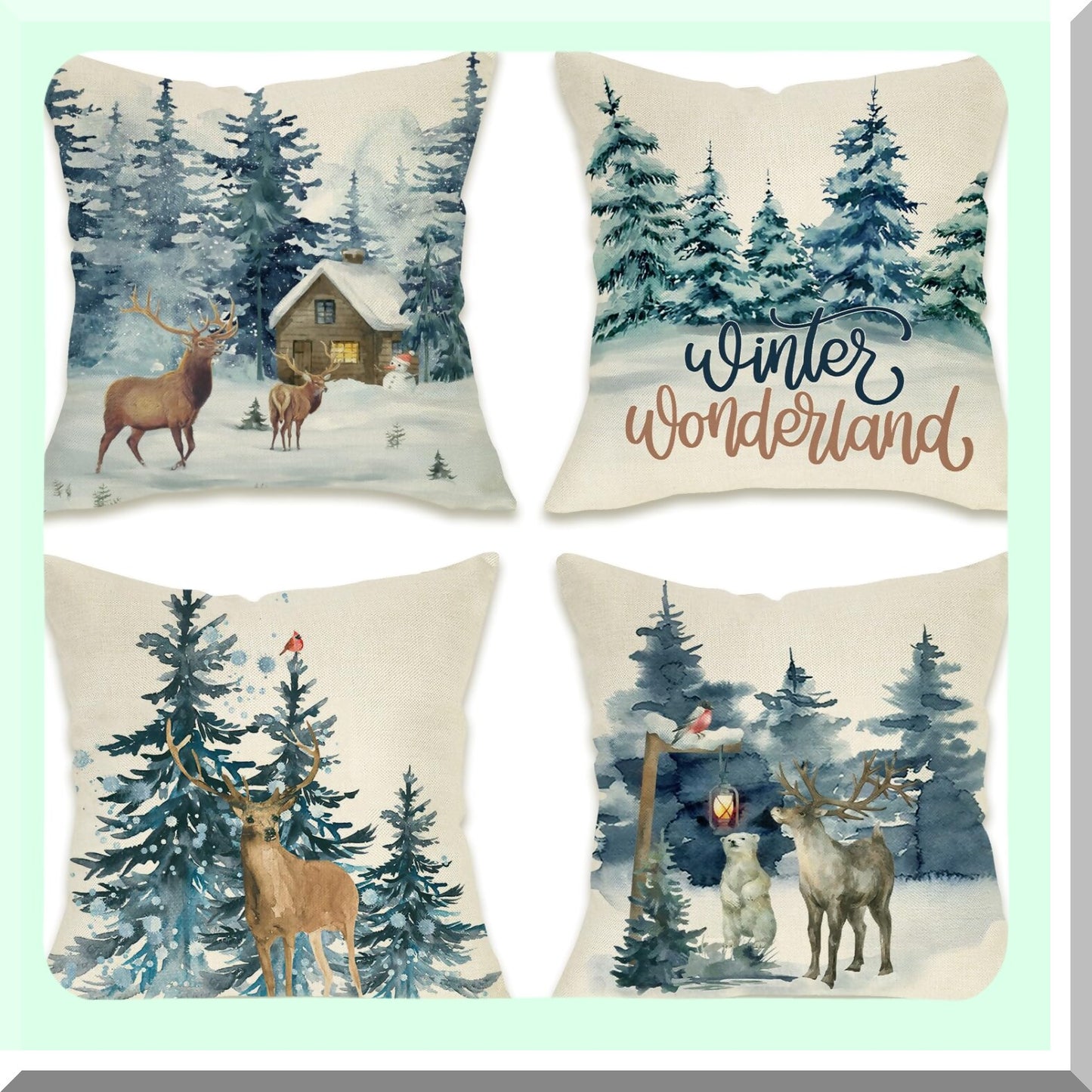 Frosty Forest Holiday Pillow Covers - Set of 4 Reindeer Snowflakes Snowman - Christmas Decor Winter Wonderland Accent Cushion Case