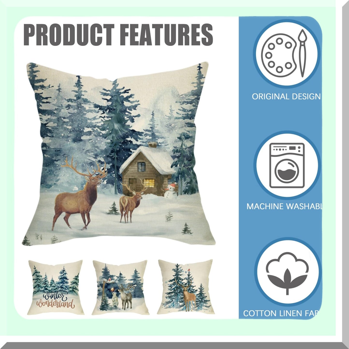 Frosty Forest Holiday Pillow Covers - Set of 4 Reindeer Snowflakes Snowman - Christmas Decor Winter Wonderland Accent Cushion Case