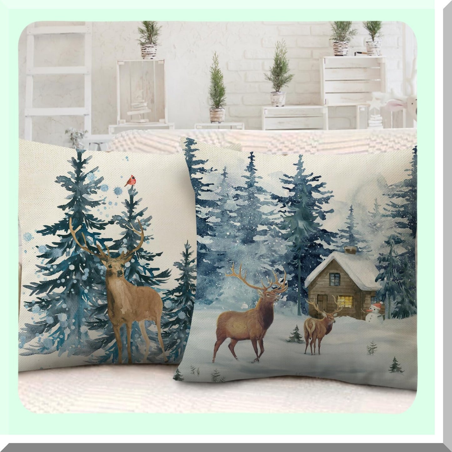 Frosty Forest Holiday Pillow Covers - Set of 4 Reindeer Snowflakes Snowman - Christmas Decor Winter Wonderland Accent Cushion Case