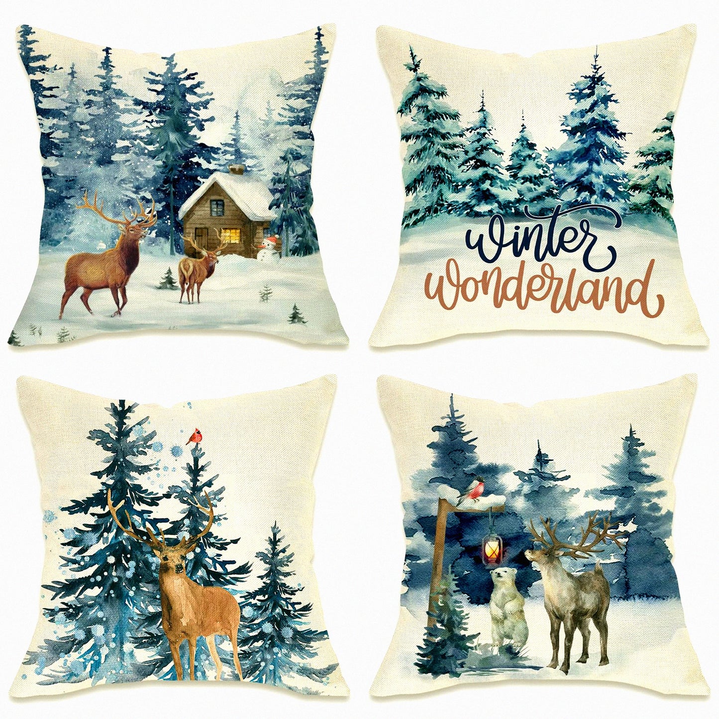 Frosty Forest Holiday Pillow Covers - Set of 4 Reindeer Snowflakes Snowman - Christmas Decor Winter Wonderland Accent Cushion Case
