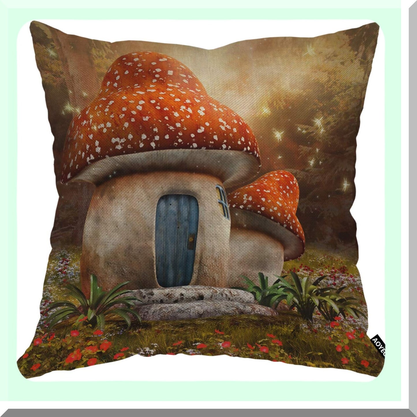 Enchanted Forest Meadow Pillow Cover - Colorful Mushroom Cottage Landscape Decorative Cushion Case for Home Couch Bed - 18x18 Inch Cotton Linen Square