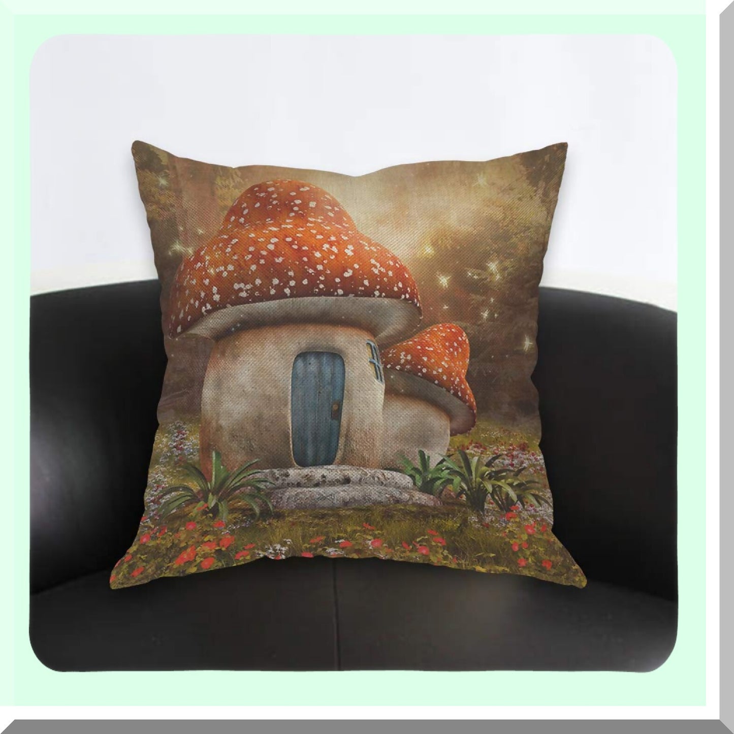 Enchanted Forest Meadow Pillow Cover - Colorful Mushroom Cottage Landscape Decorative Cushion Case for Home Couch Bed - 18x18 Inch Cotton Linen Square