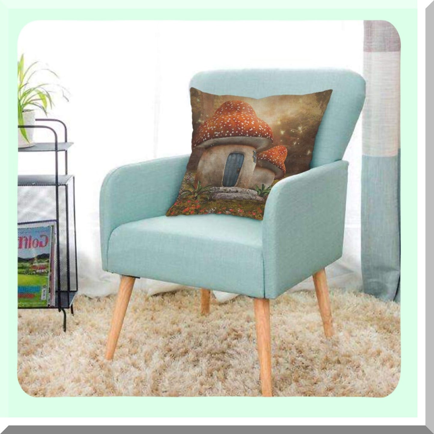 Enchanted Forest Meadow Pillow Cover - Colorful Mushroom Cottage Landscape Decorative Cushion Case for Home Couch Bed - 18x18 Inch Cotton Linen Square