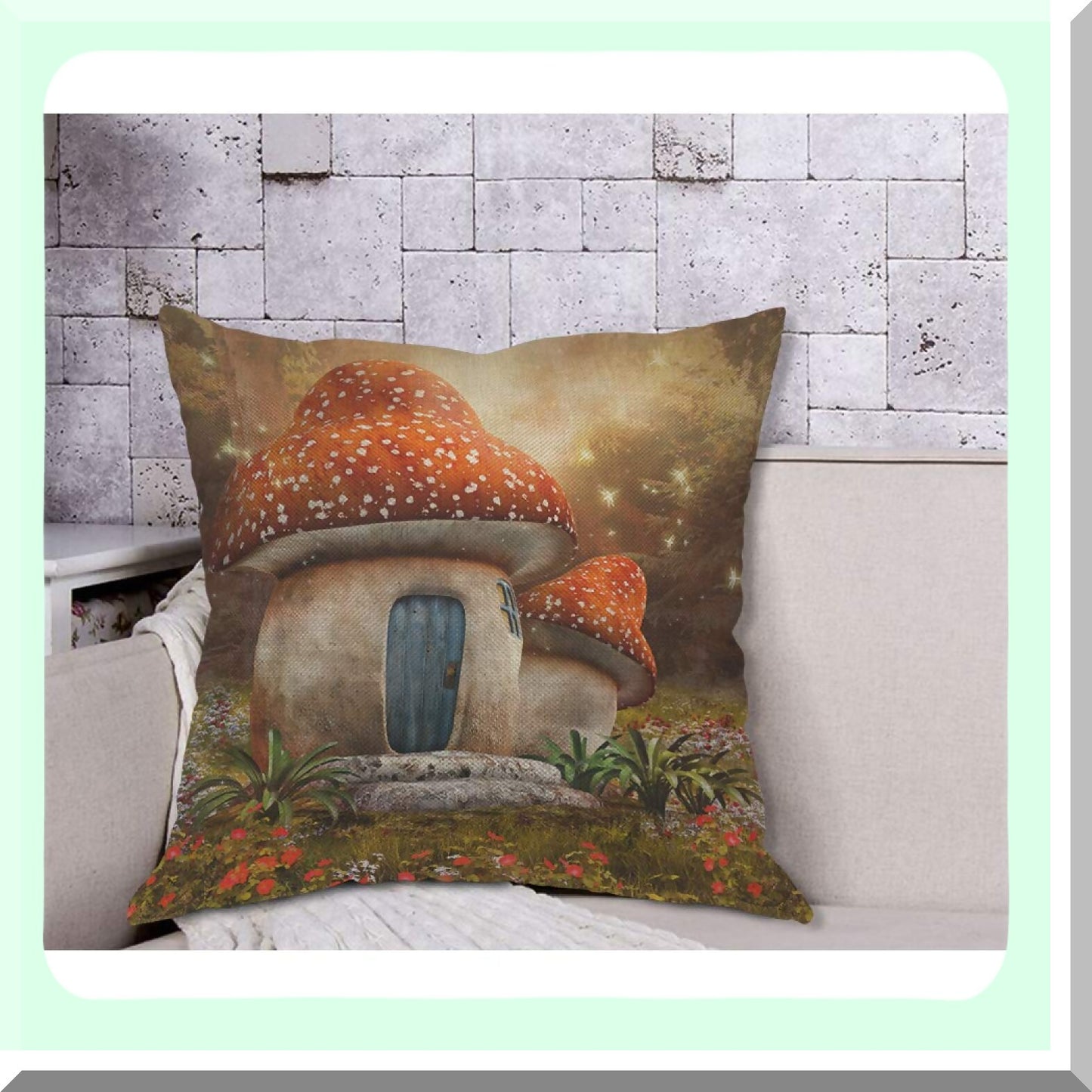 Enchanted Forest Meadow Pillow Cover - Colorful Mushroom Cottage Landscape Decorative Cushion Case for Home Couch Bed - 18x18 Inch Cotton Linen Square