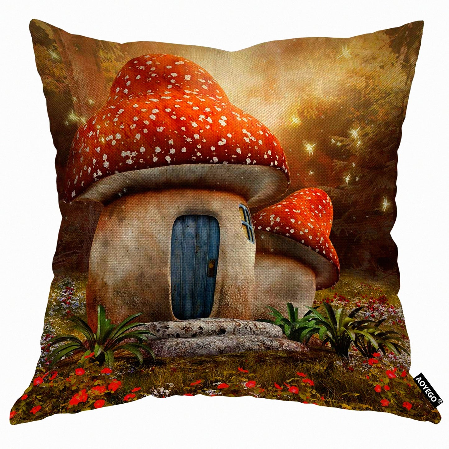 Enchanted Forest Meadow Pillow Cover - Colorful Mushroom Cottage Landscape Decorative Cushion Case for Home Couch Bed - 18x18 Inch Cotton Linen Square