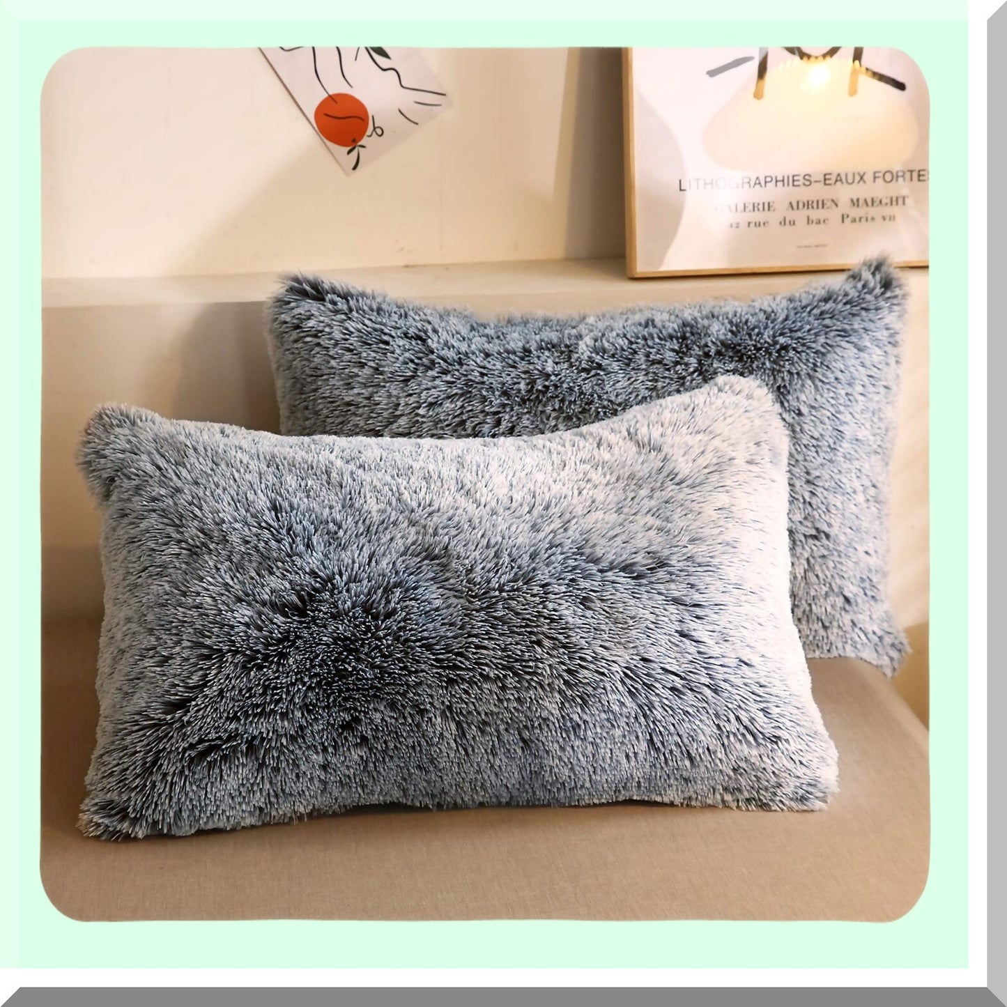 Ultra Plush Shaggy Pillowcase Set - Fluffy Crystal Velvet Decorative Covers with Furry Fuzzy Shams, Zipper Closure - Soft Gray Ombre Throw Pillow Cases (Set of 2)