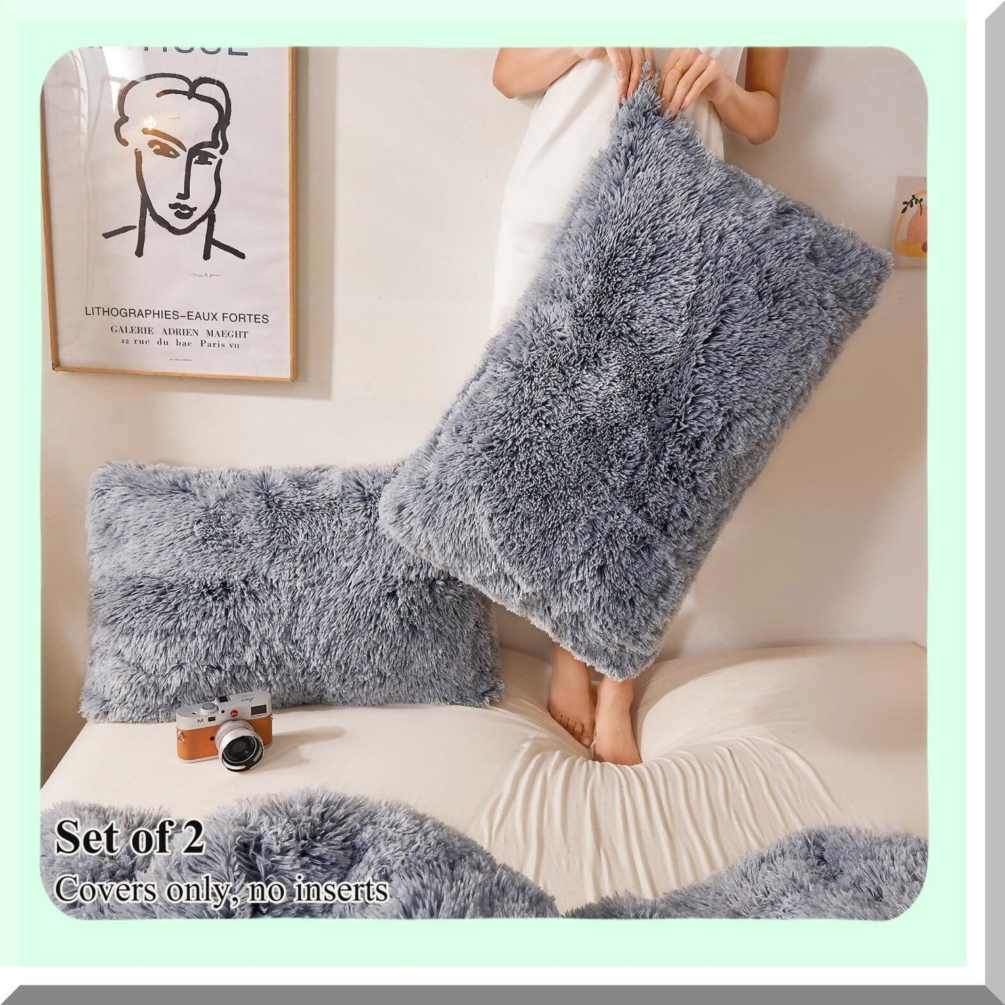 Ultra Plush Shaggy Pillowcase Set - Fluffy Crystal Velvet Decorative Covers with Furry Fuzzy Shams, Zipper Closure - Soft Gray Ombre Throw Pillow Cases (Set of 2)