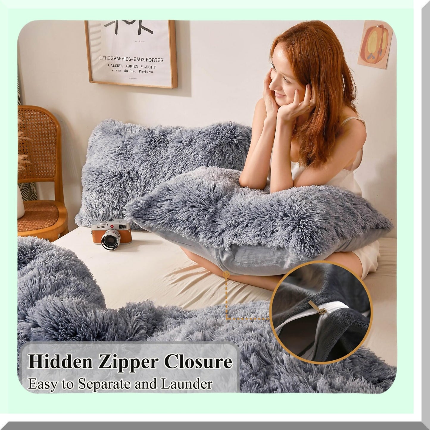 Ultra Plush Shaggy Pillowcase Set - Fluffy Crystal Velvet Decorative Covers with Furry Fuzzy Shams, Zipper Closure - Soft Gray Ombre Throw Pillow Cases (Set of 2)