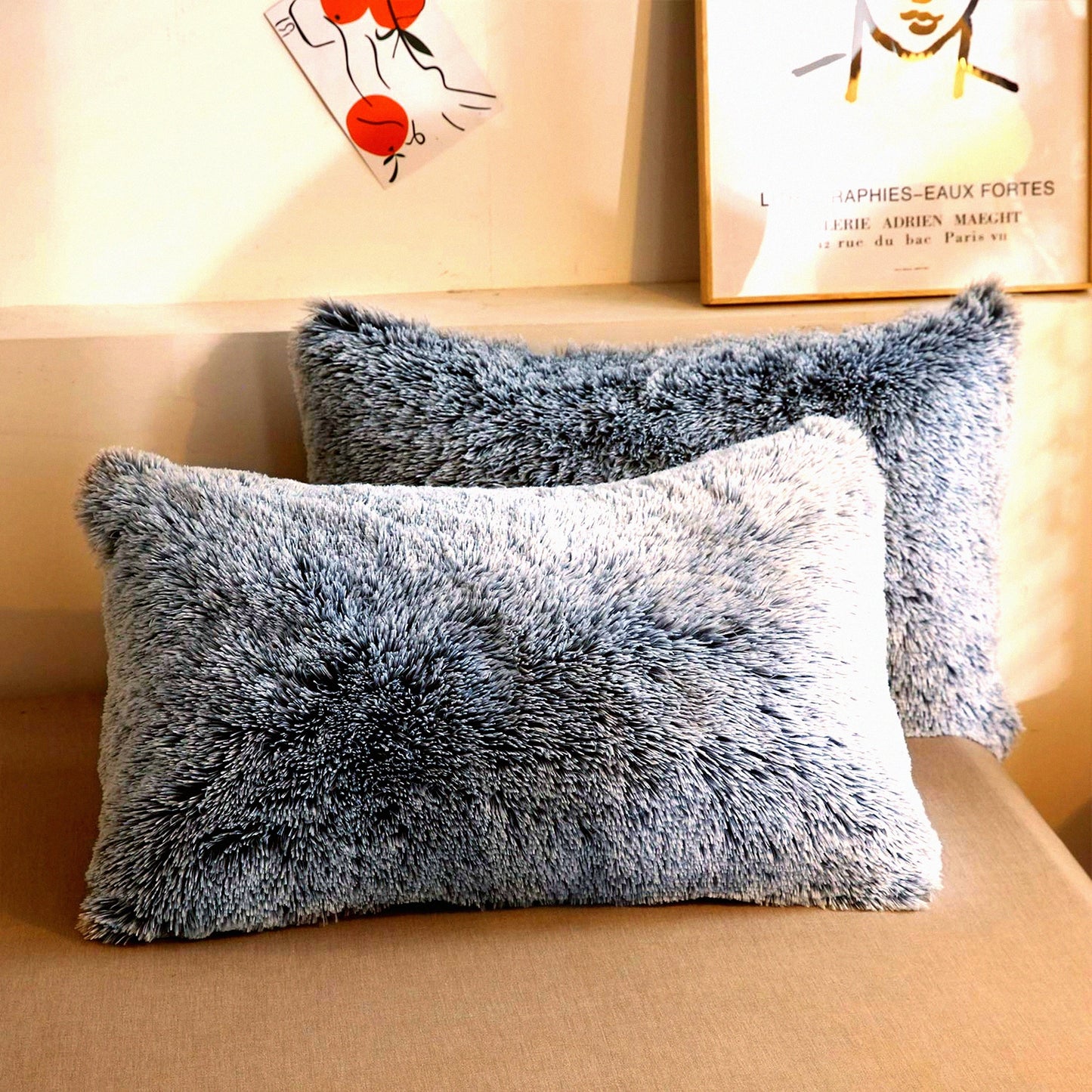 Ultra Plush Shaggy Pillowcase Set - Fluffy Crystal Velvet Decorative Covers with Furry Fuzzy Shams, Zipper Closure - Soft Gray Ombre Throw Pillow Cases (Set of 2)