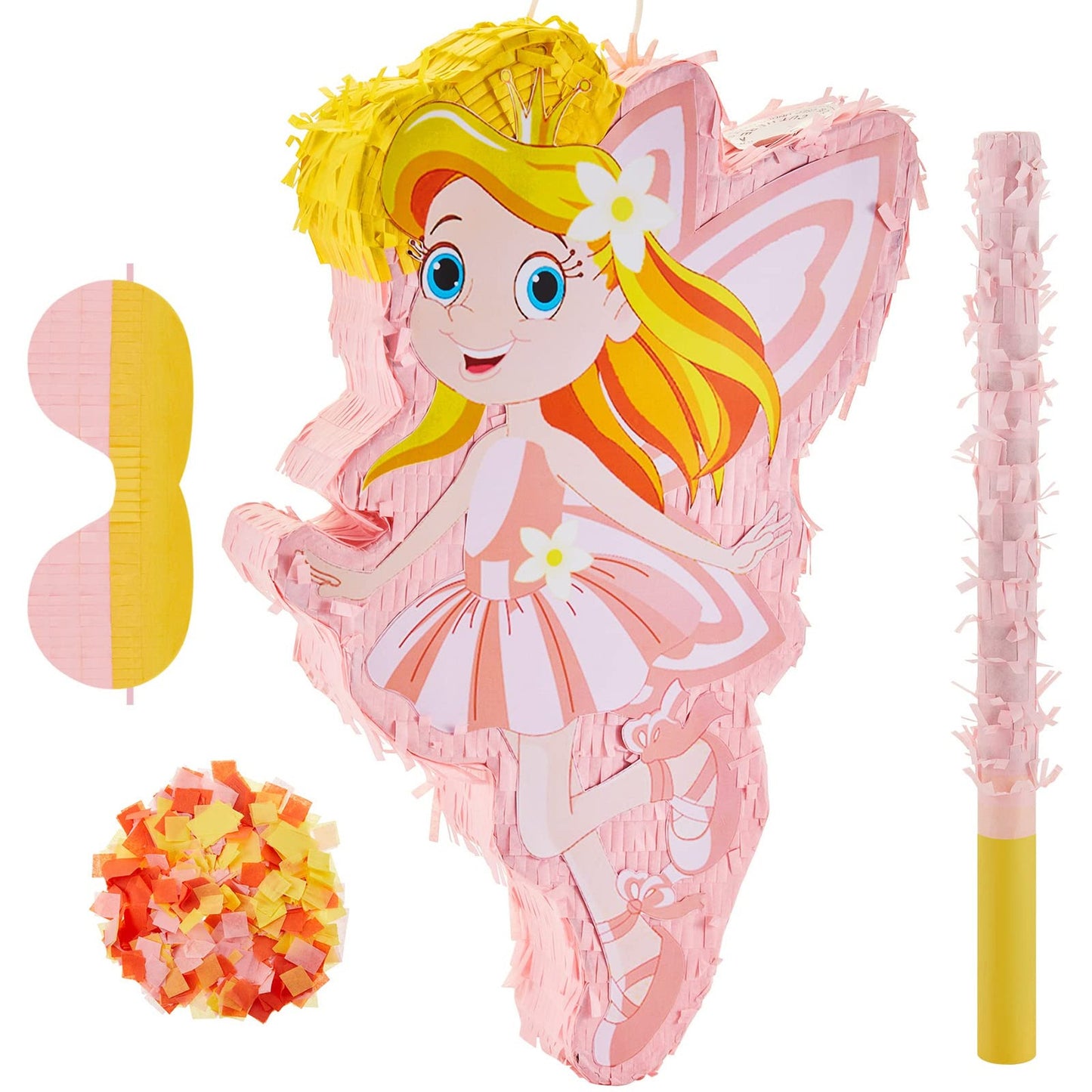 Fairy Princess Pinata Party Pack - 4 Piece Set with Stick, Blindfold, Confetti - Girl Birthday Baby Shower Kids Theme Supplies - Pink 15.7 x 12.5 x 3 Inch