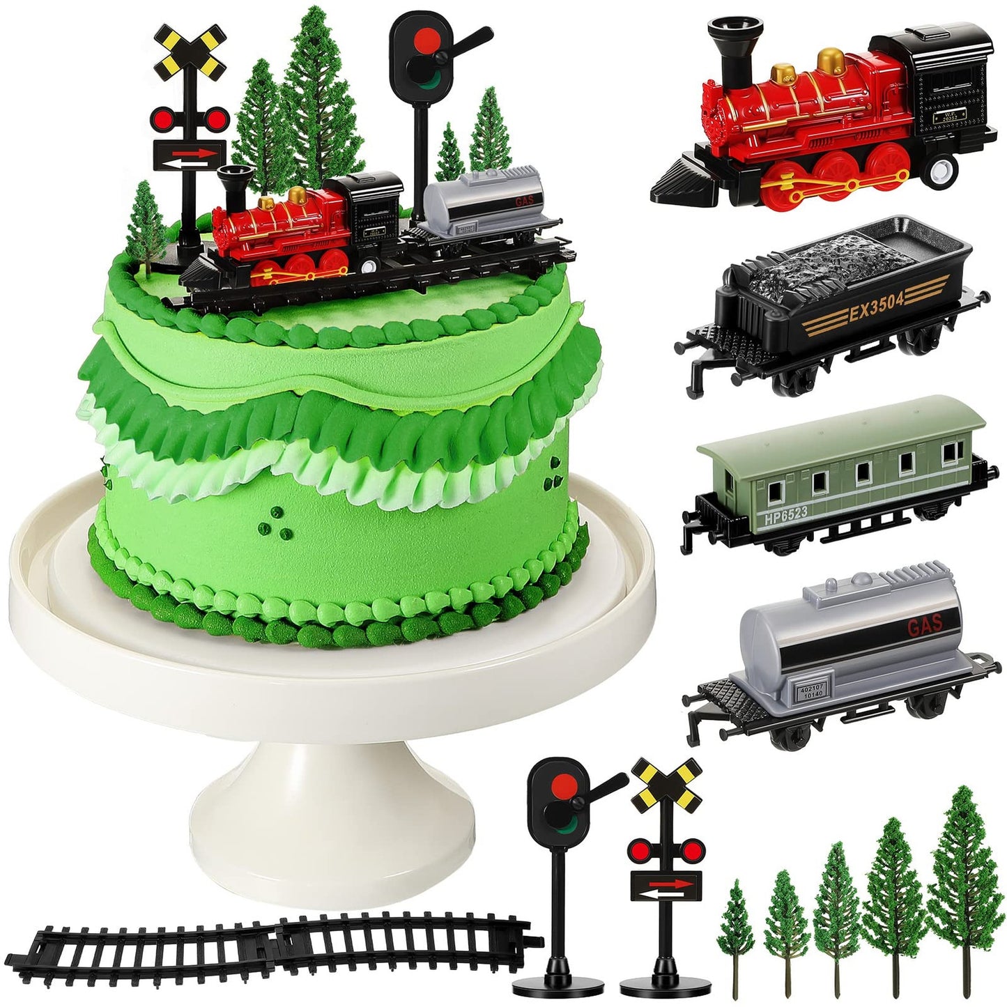 Retro Train Cake Topper Set - 13 Pcs Cute Railroad Traffic Lights & Steam Train Toy Kit for Birthday Party Decorations. Perfect for Railway Theme Party!