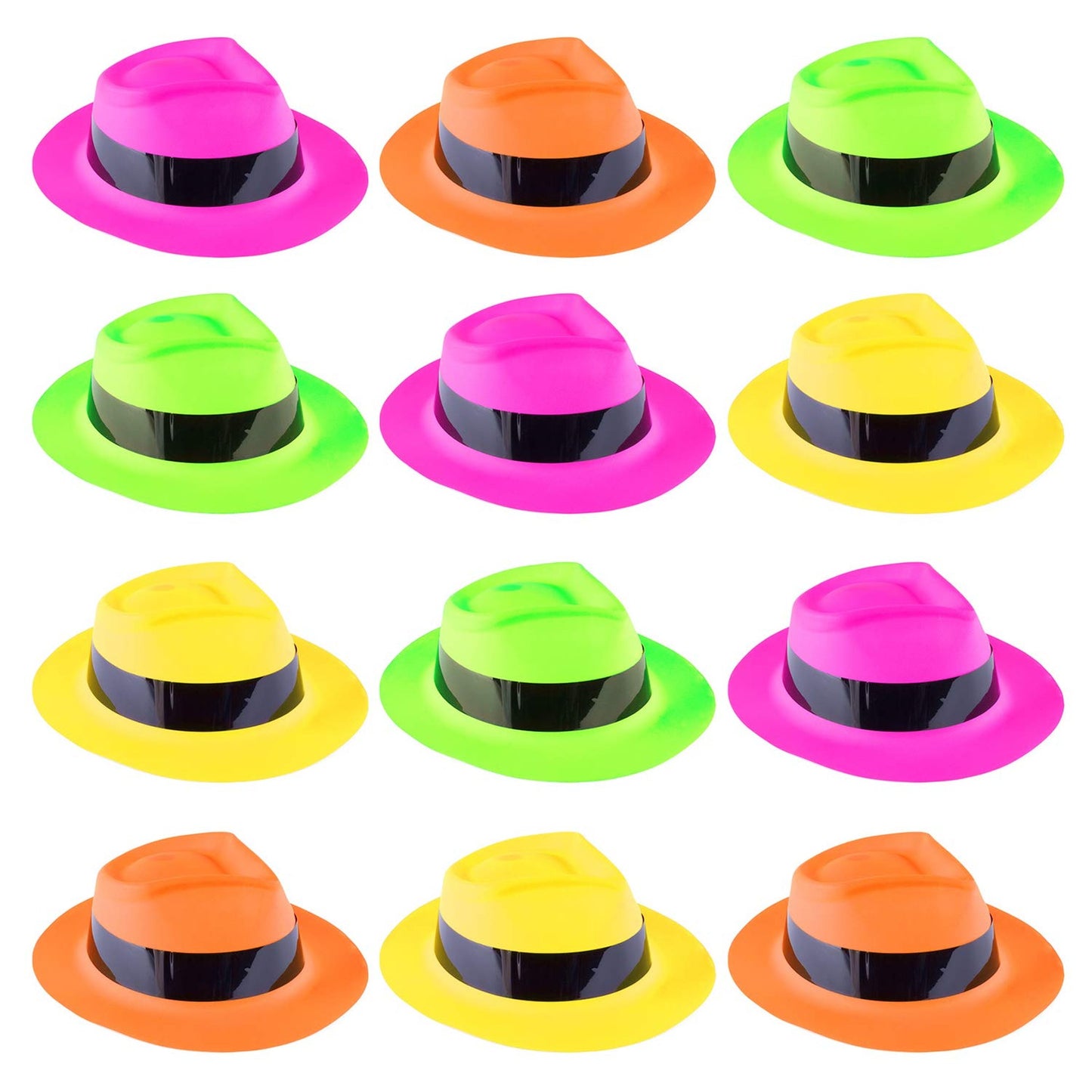 12 Pack Neon Gangster Fedora Hats for Parties and Events