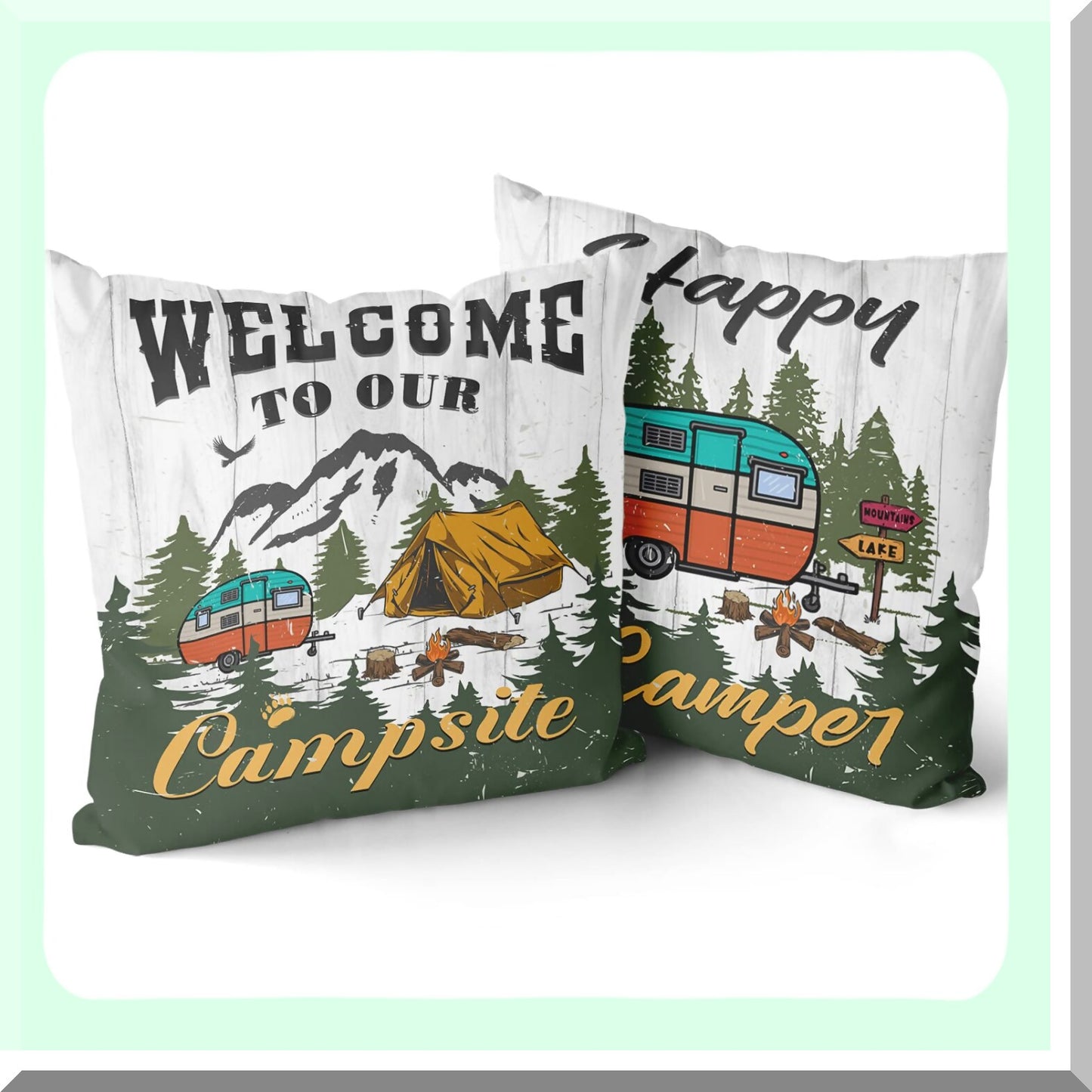 Vintage Campsite Double-Sided Pillow Cover Set - Outdoor Decorative Cushion for Car, Bed, Sofa - Happy Camper Theme - 18x18 Inch - Pack of 2
