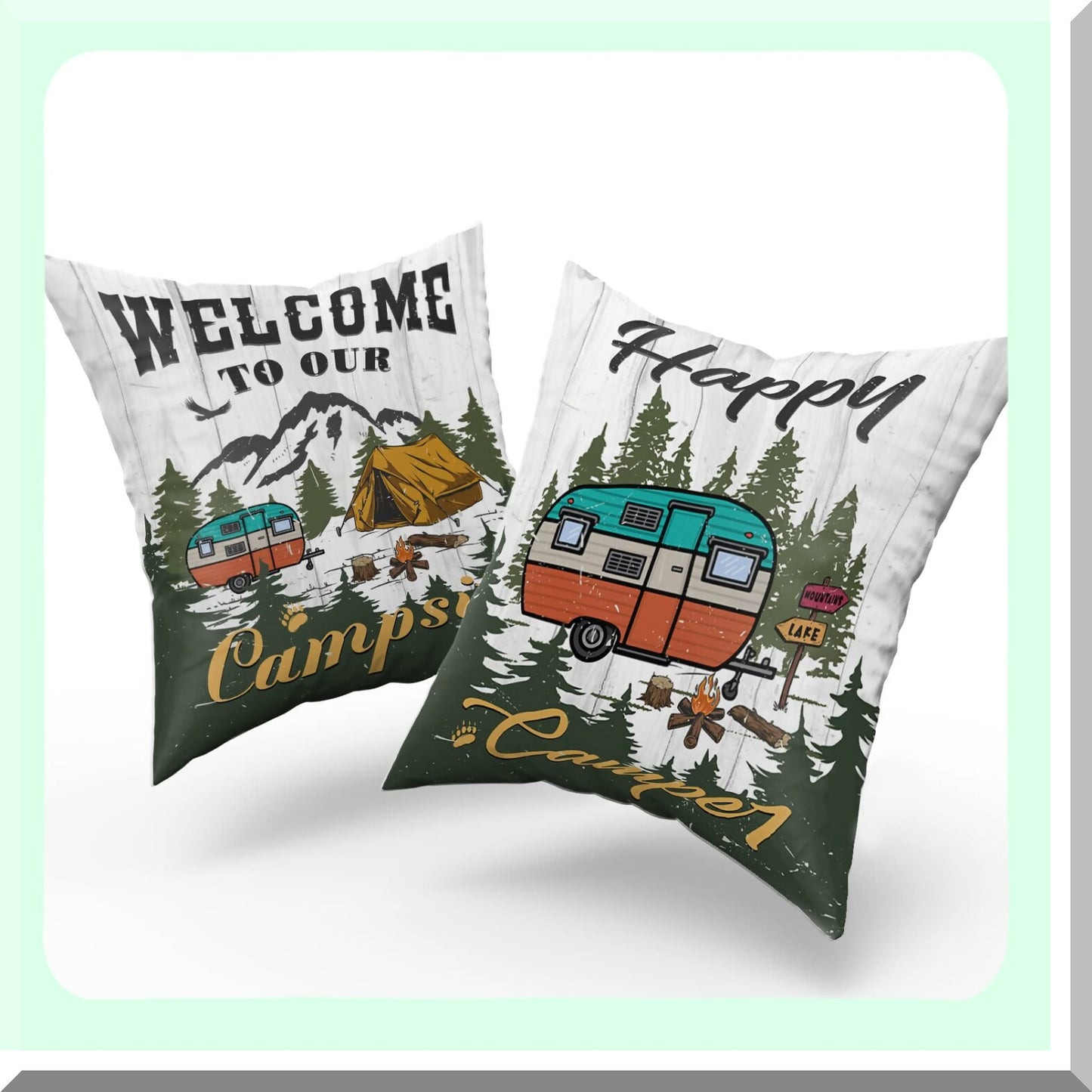 Vintage Campsite Double-Sided Pillow Cover Set - Outdoor Decorative Cushion for Car, Bed, Sofa - Happy Camper Theme - 18x18 Inch - Pack of 2