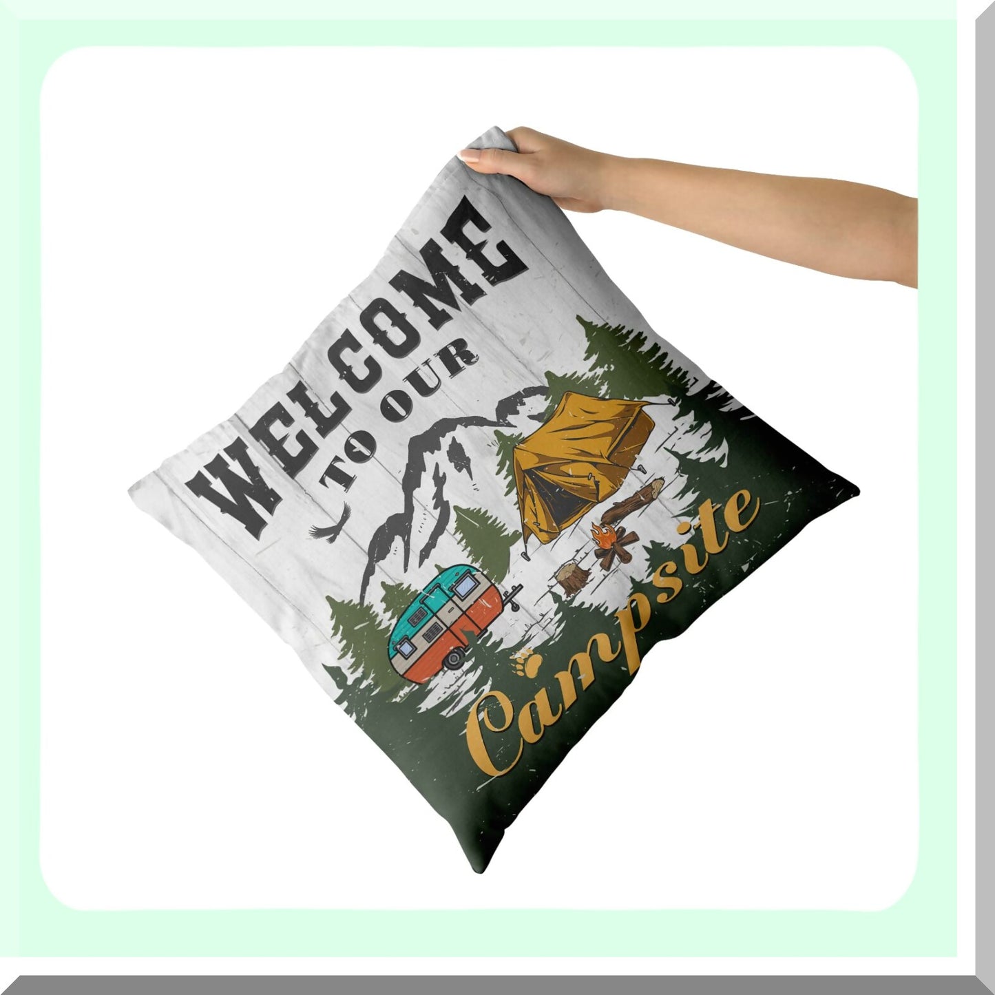 Vintage Campsite Double-Sided Pillow Cover Set - Outdoor Decorative Cushion for Car, Bed, Sofa - Happy Camper Theme - 18x18 Inch - Pack of 2
