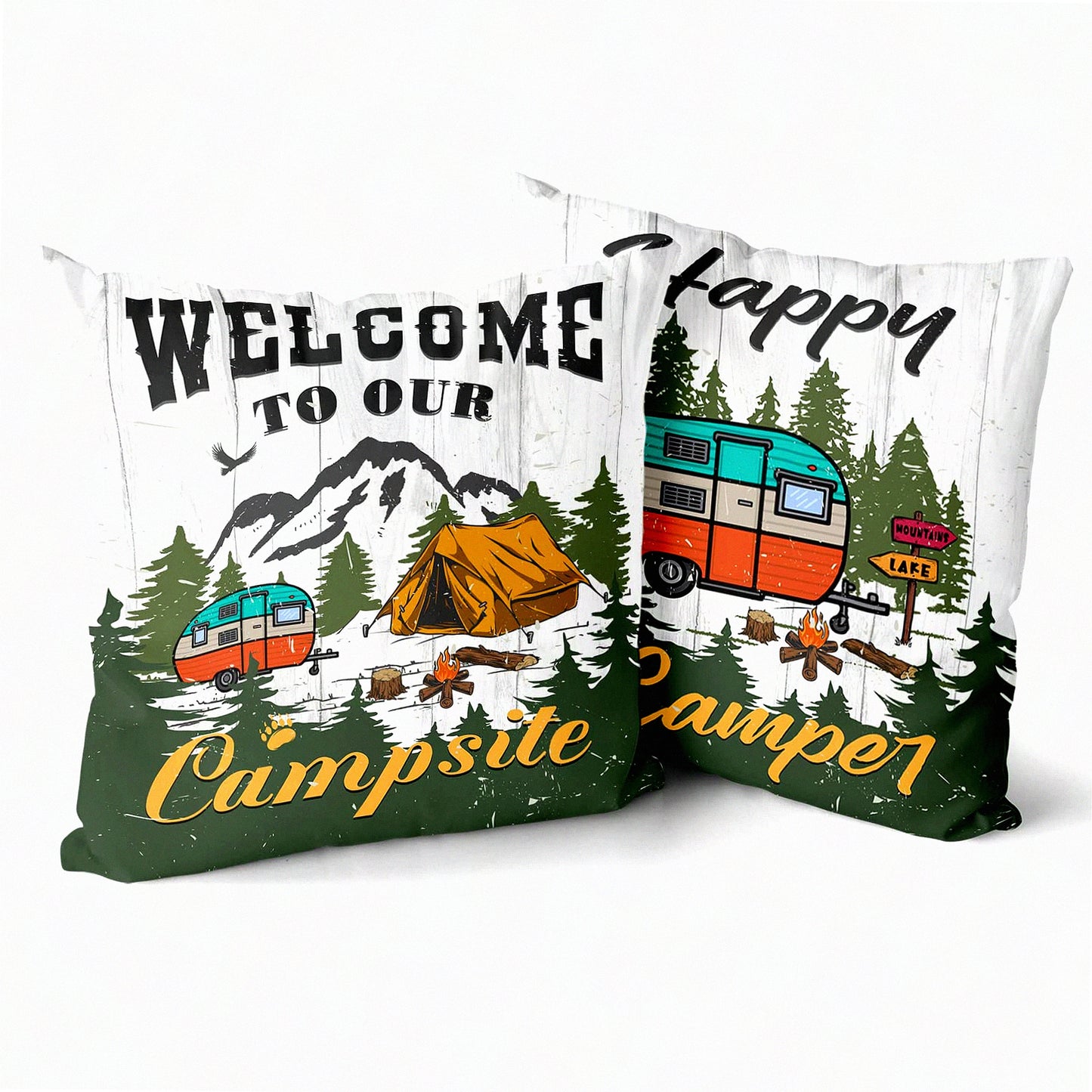 Vintage Campsite Double-Sided Pillow Cover Set - Outdoor Decorative Cushion for Car, Bed, Sofa - Happy Camper Theme - 18x18 Inch - Pack of 2