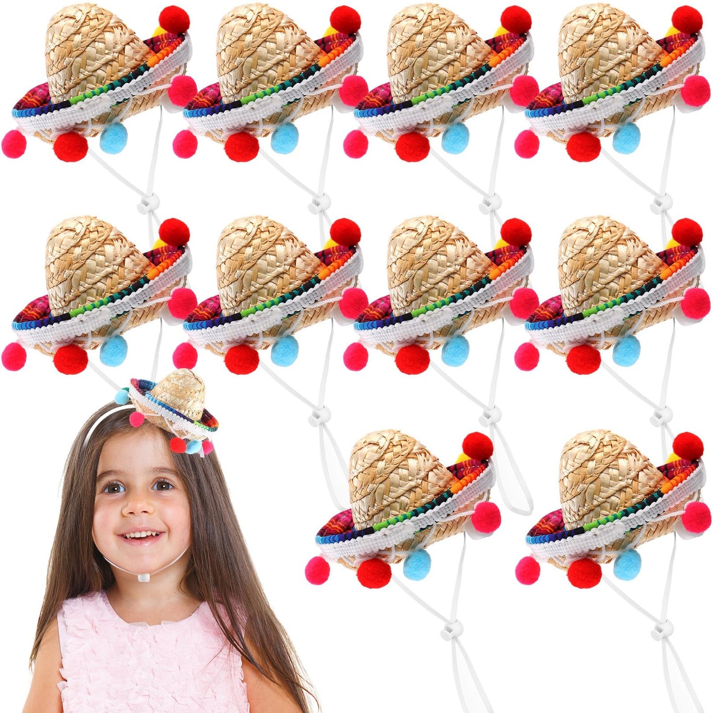 Fiesta Mini Sombrero Headbands - Mexican Hat Decor for Cinco De Mayo Party Supplies, Fabric & Straw Headbands for Kids and Pets