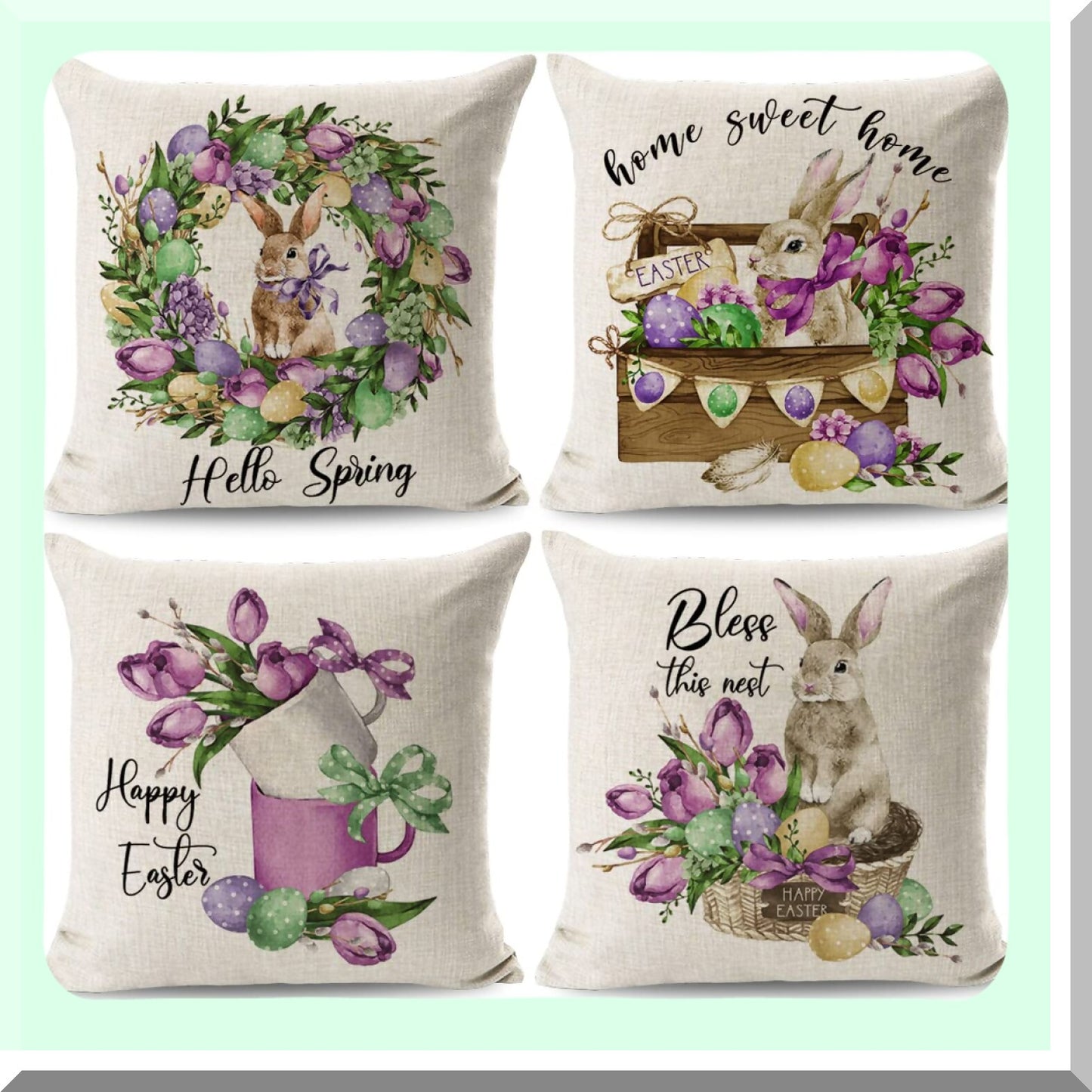 Spring Bunny Farmhouse Pillow Covers - Set of 4, 18x18 Outdoor Decor with Rabbit Eggs Design for Home, Hello Spring Theme