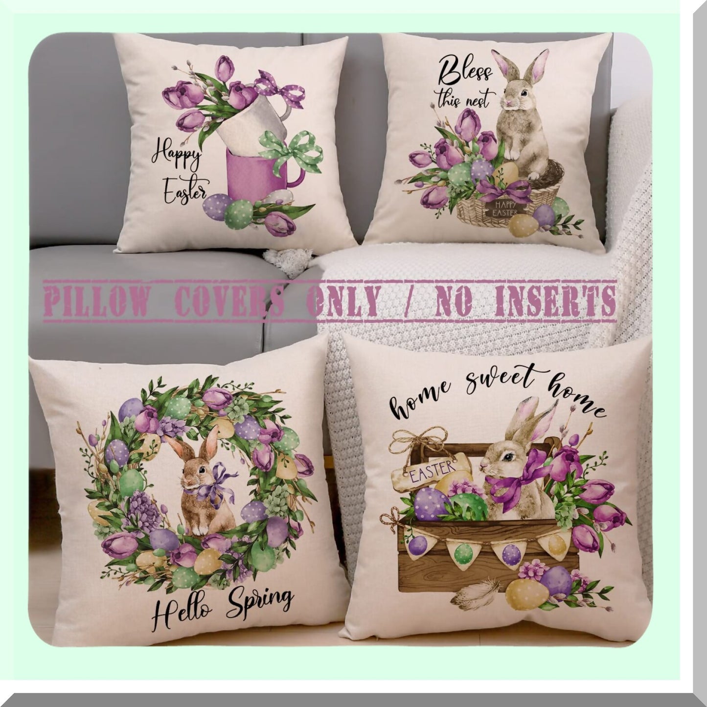 Spring Bunny Farmhouse Pillow Covers - Set of 4, 18x18 Outdoor Decor with Rabbit Eggs Design for Home, Hello Spring Theme