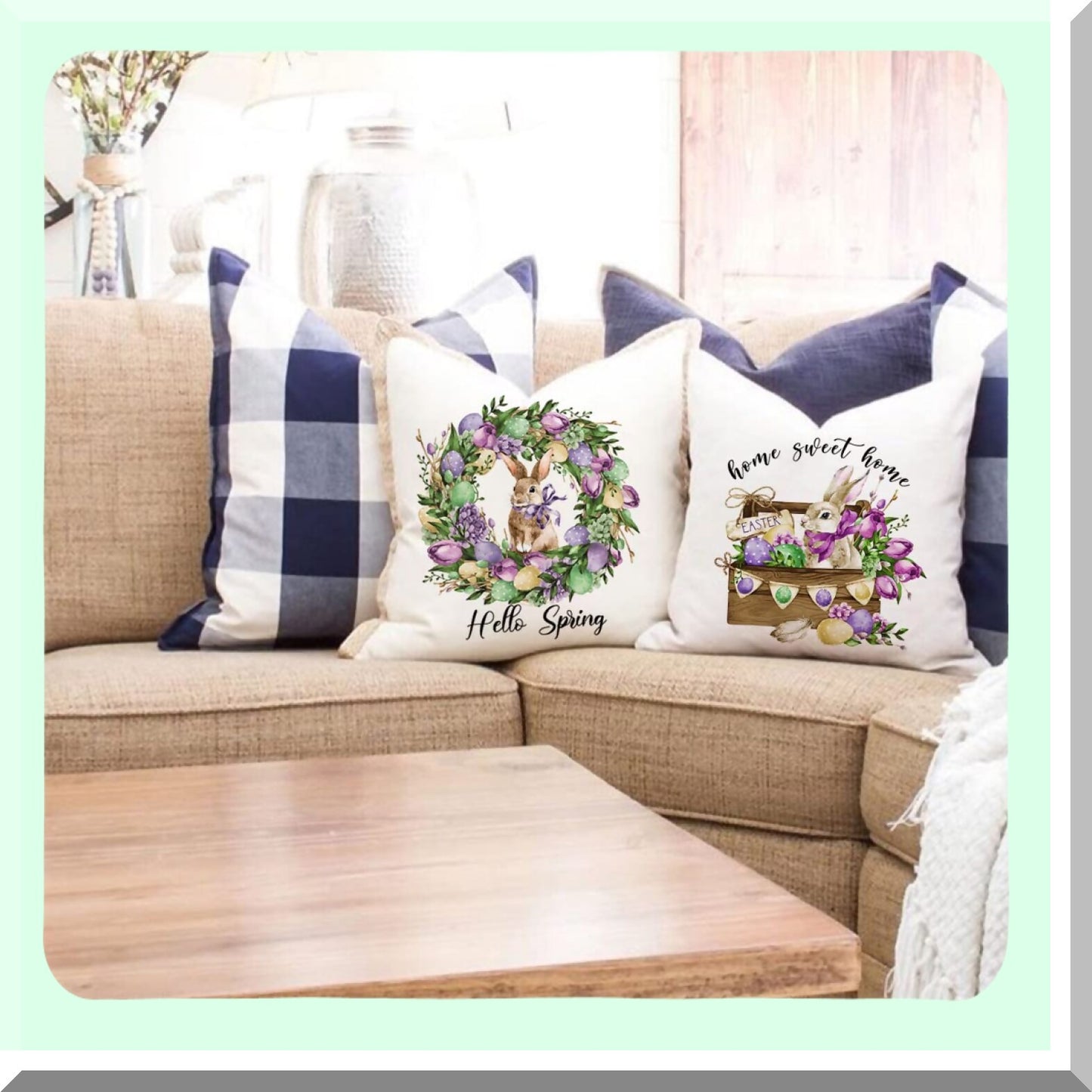 Spring Bunny Farmhouse Pillow Covers - Set of 4, 18x18 Outdoor Decor with Rabbit Eggs Design for Home, Hello Spring Theme