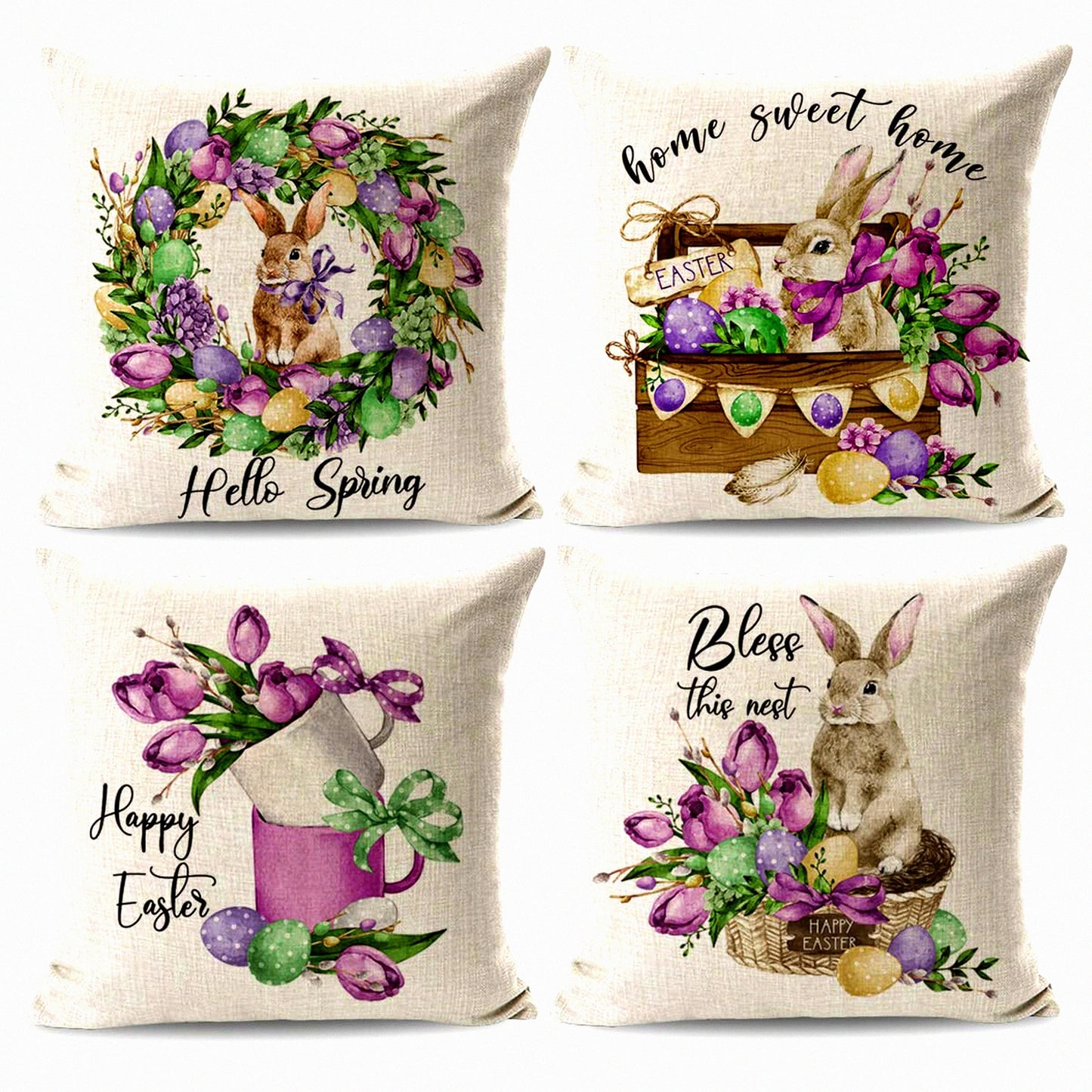 Spring Bunny Farmhouse Pillow Covers - Set of 4, 18x18 Outdoor Decor with Rabbit Eggs Design for Home, Hello Spring Theme
