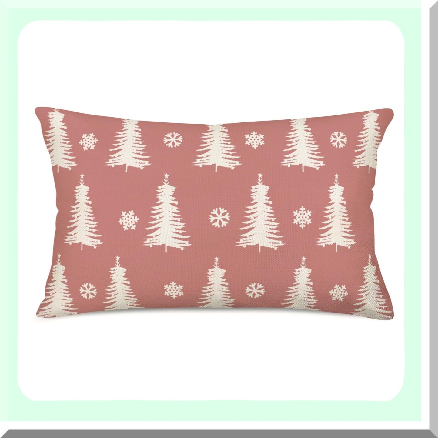 Winter Wonderland Lumbar Pillow Cover - Farmhouse Decorative Tree Snowflake Cushion Case for Sofa Couch, 12x20 Inch Pink White Home Decor