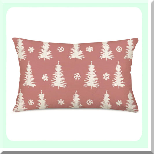 Winter Wonderland Lumbar Pillow Cover - Farmhouse Decorative Tree Snowflake Cushion Case for Sofa Couch, 12x20 Inch Pink White Home Decor