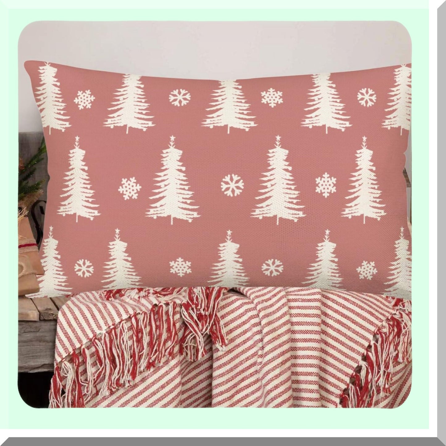 Winter Wonderland Lumbar Pillow Cover - Farmhouse Decorative Tree Snowflake Cushion Case for Sofa Couch, 12x20 Inch Pink White Home Decor
