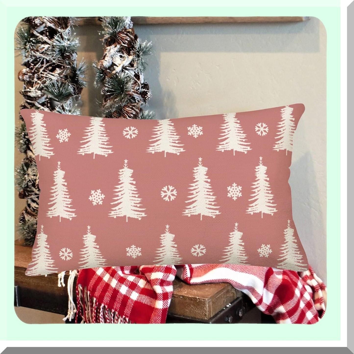 Winter Wonderland Lumbar Pillow Cover - Farmhouse Decorative Tree Snowflake Cushion Case for Sofa Couch, 12x20 Inch Pink White Home Decor