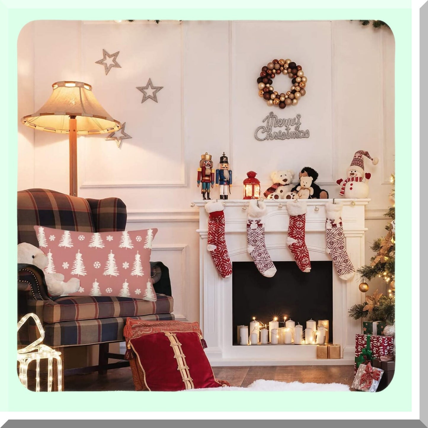 Winter Wonderland Lumbar Pillow Cover - Farmhouse Decorative Tree Snowflake Cushion Case for Sofa Couch, 12x20 Inch Pink White Home Decor