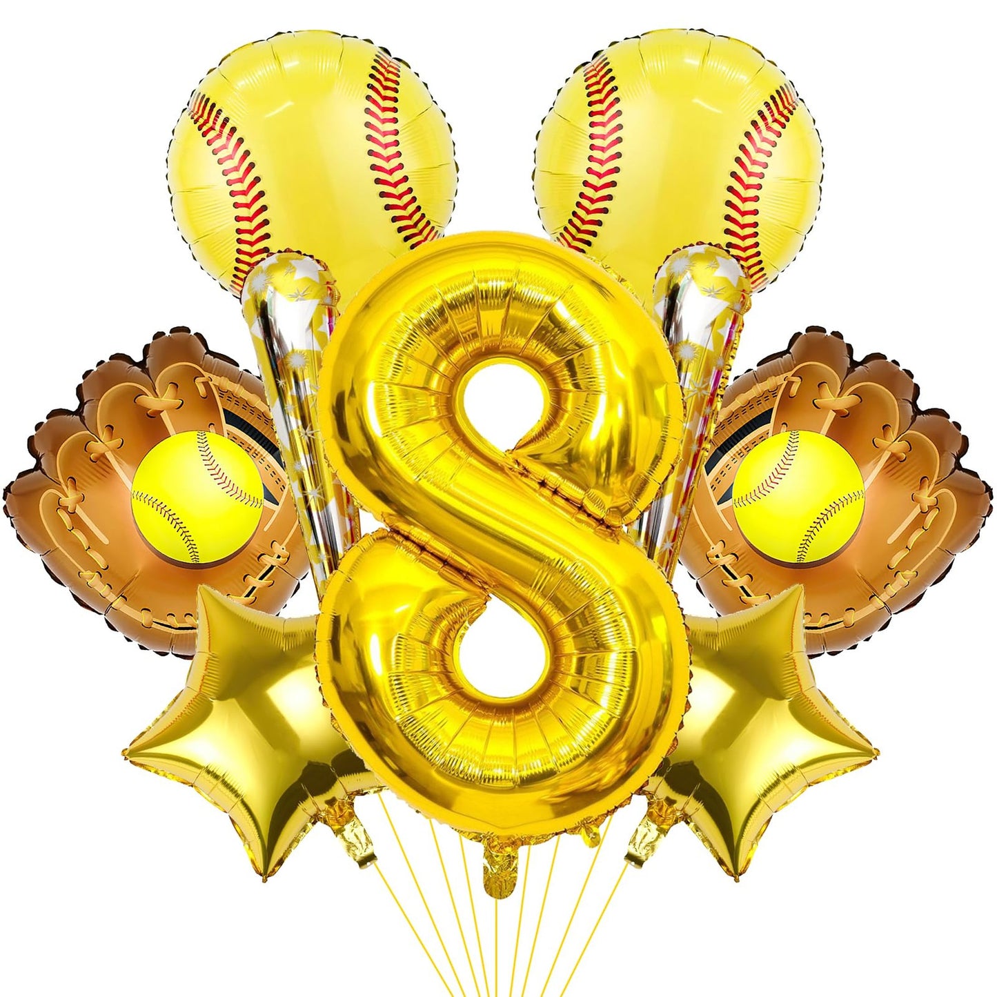 Softball Number Balloon Set - Softball Birthday Party Decorations Kit with 9 Mylar Balloons - Softball Theme Birthday Supplies for 8th Birthday Bash