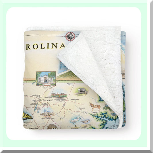 Carolina Comfort Map Fleece Blanket - Hand-Drawn Art, Soft & Cozy Throw for Couch, Unique Gift, 58"x 50""