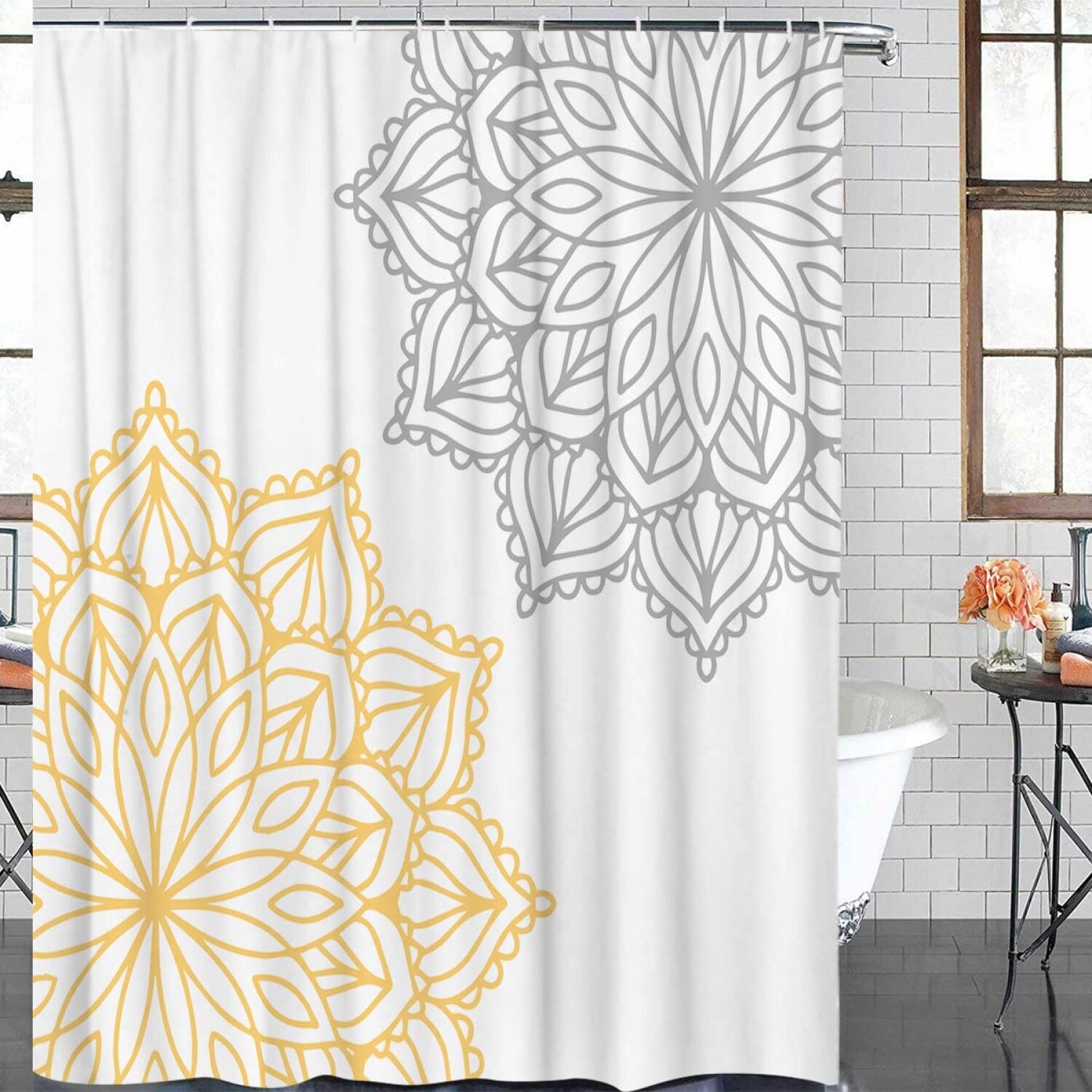 Abstract Dahlia Flower Yellow Gray Shower Curtain 36x72in