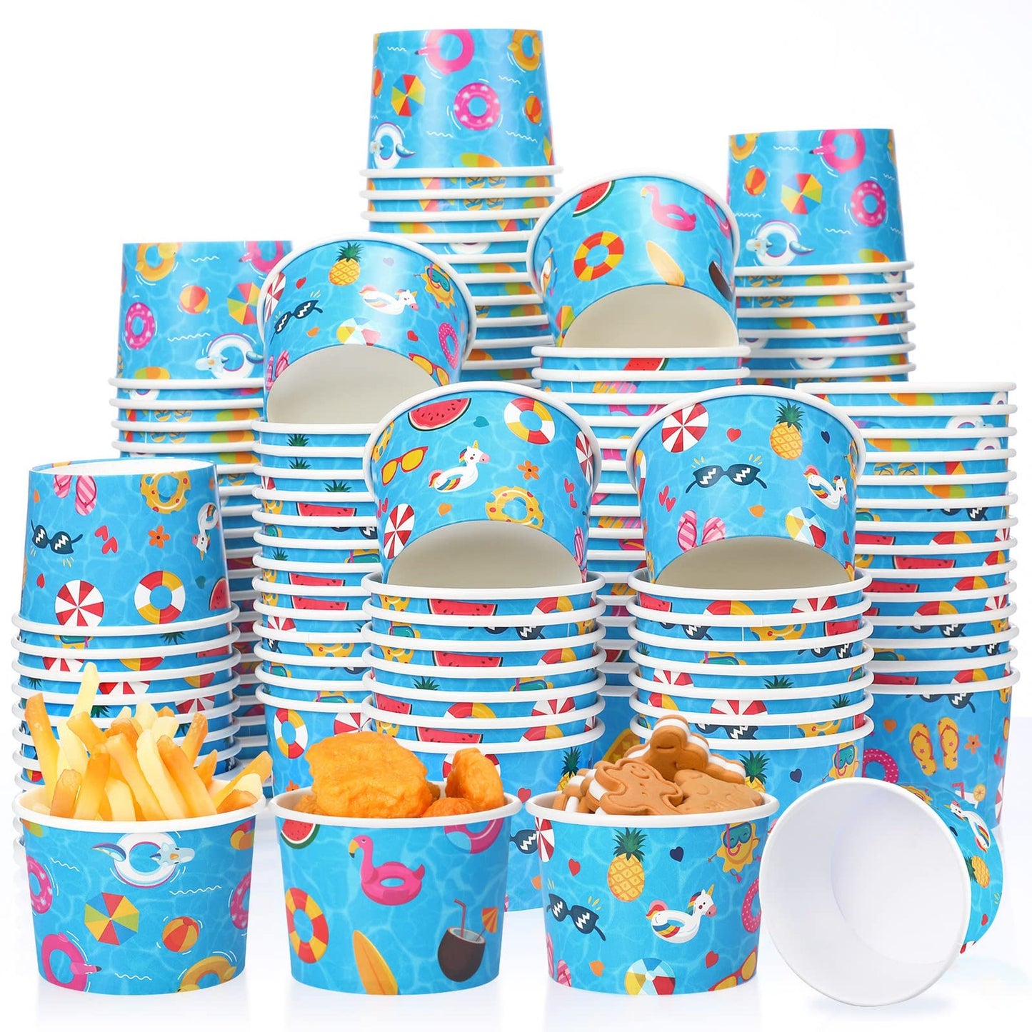 Summer Fun Ice Cream Cups - 150 Pack Disposable Snack Bowls for Hot/Cold Food. Perfect for Pool Parties, Beach Themes, Baby Showers. 8 oz Capacity.
