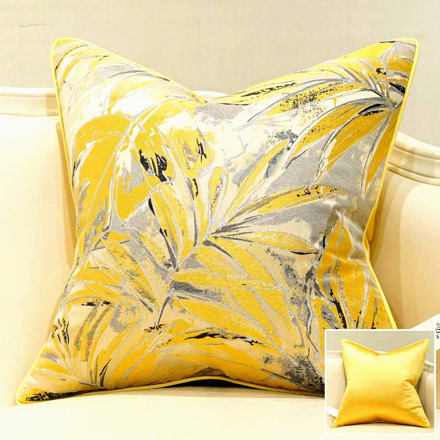 Feather Jacquard Square Cushion Cover - Modern Yellow Throw Pillow Case for Couch Sofa - High Precision Home Decoration - 20 X 20 Inches
