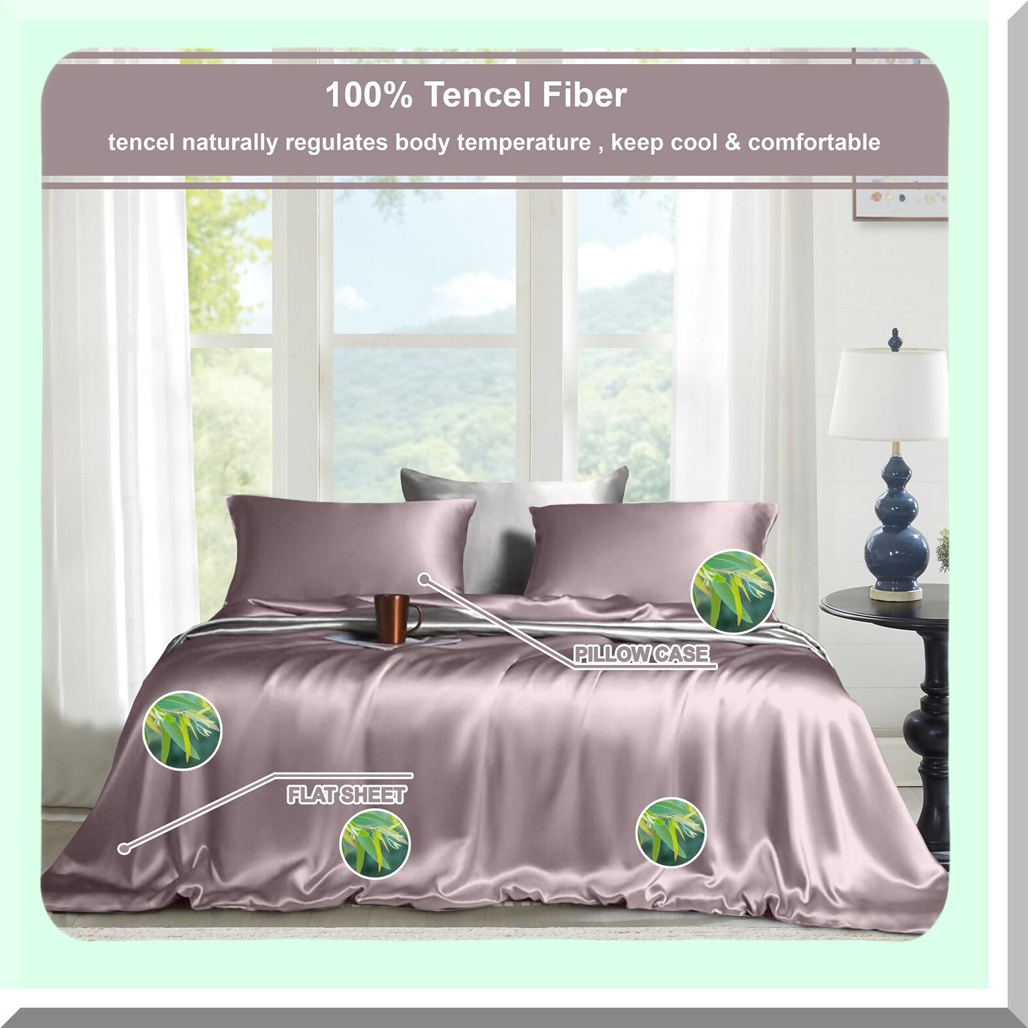 CoolBreeze Tencel 4-Piece Bed Sheet Set - Soft & Durable 300TC Cooling Sheets with Flat & Fitted Sheets + 2 Pillowcases - Natural Queen Size Bedding