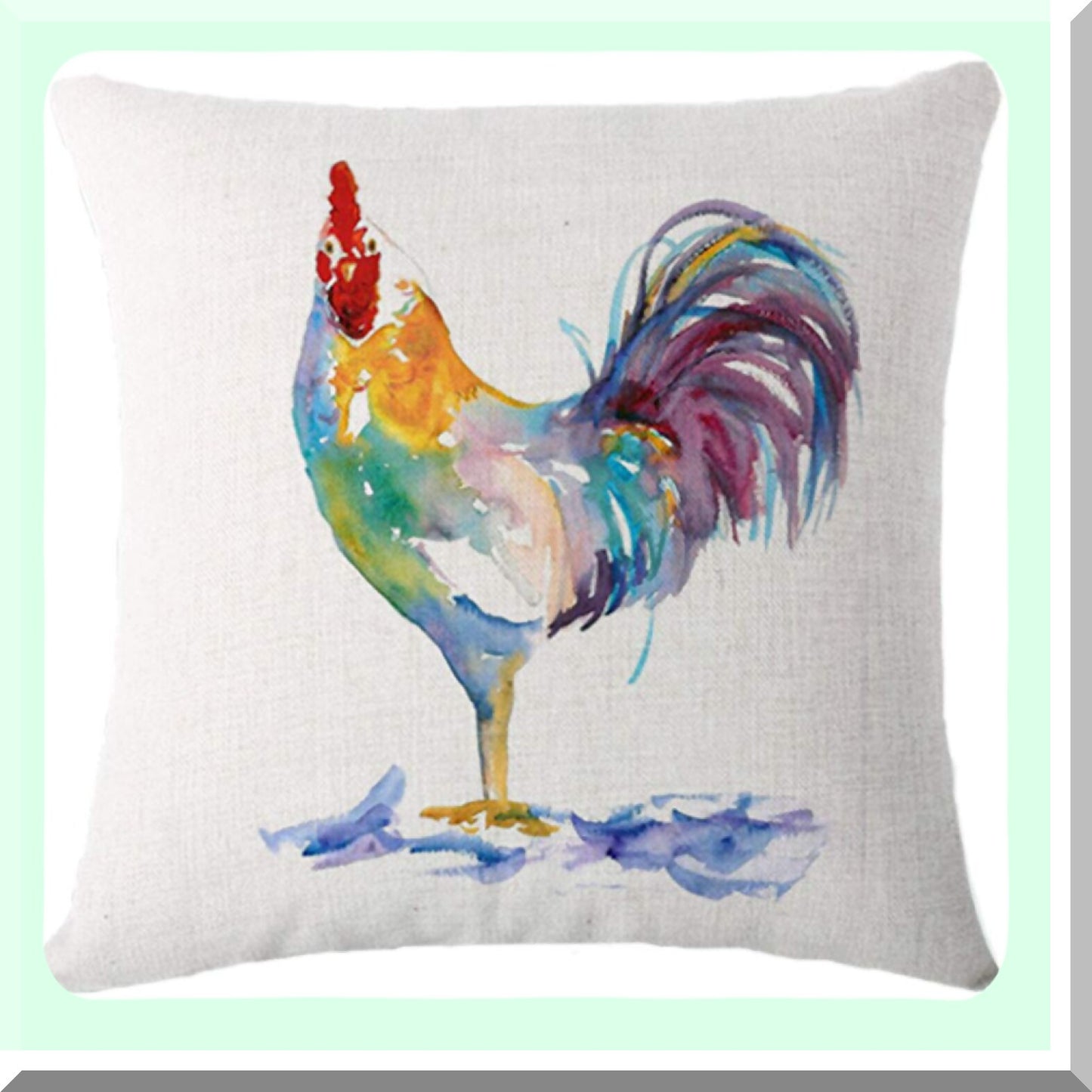 Colorful Rooster Farmhouse Pillow Set - Rustic Chicken Cushion Covers - Watercolor Art Decor - Linen Home Decorative Pillowcases - 18x18 Inch Cozy Rooster Theme