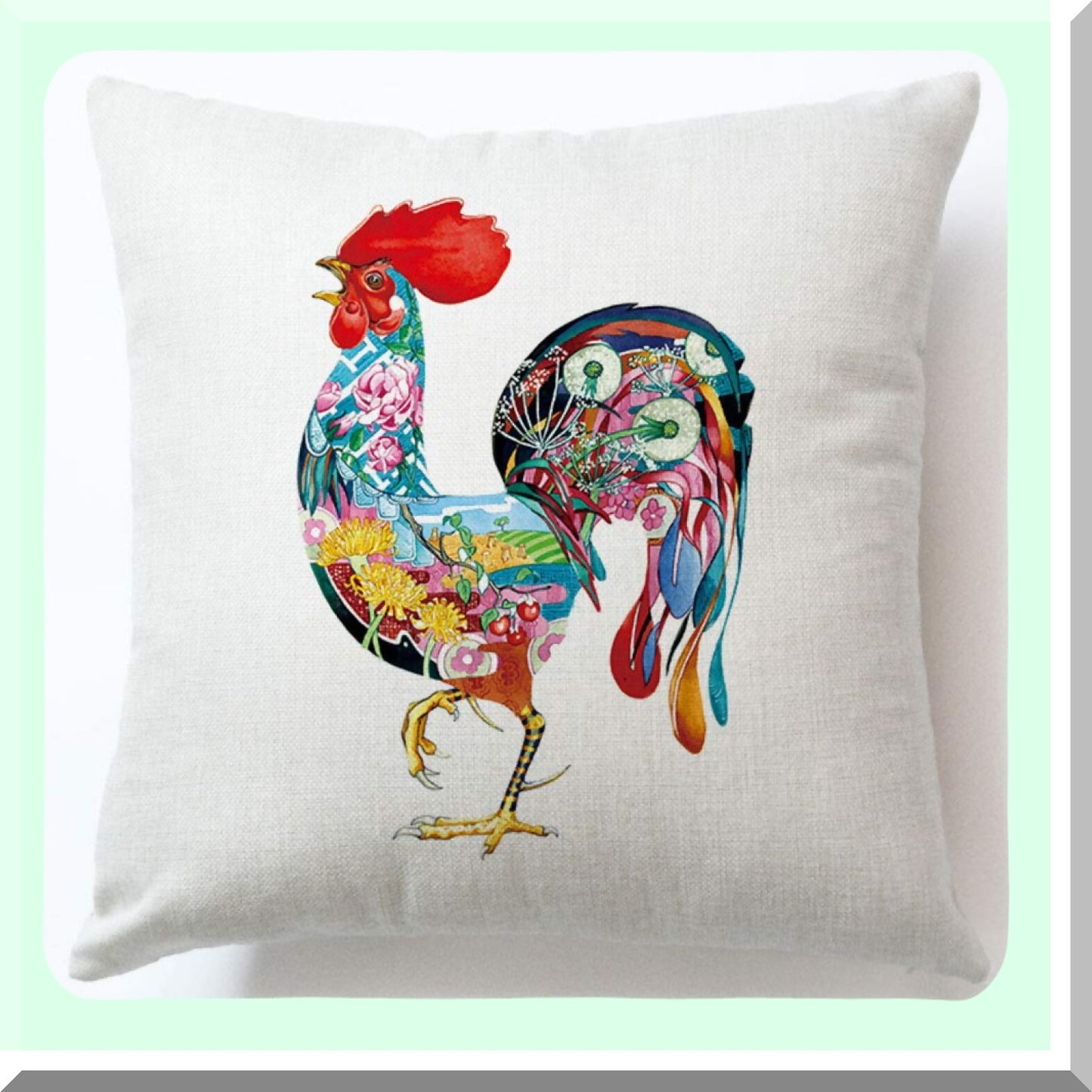 Colorful Rooster Farmhouse Pillow Set - Rustic Chicken Cushion Covers - Watercolor Art Decor - Linen Home Decorative Pillowcases - 18x18 Inch Cozy Rooster Theme