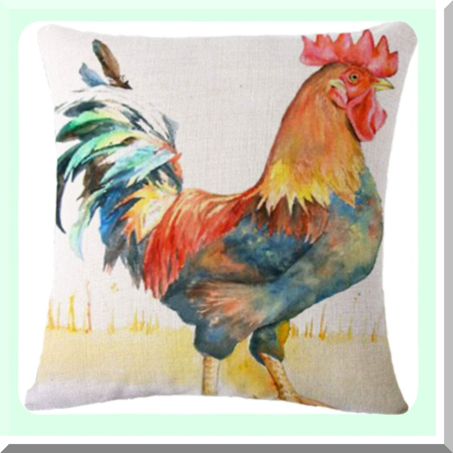 Colorful Rooster Farmhouse Pillow Set - Rustic Chicken Cushion Covers - Watercolor Art Decor - Linen Home Decorative Pillowcases - 18x18 Inch Cozy Rooster Theme