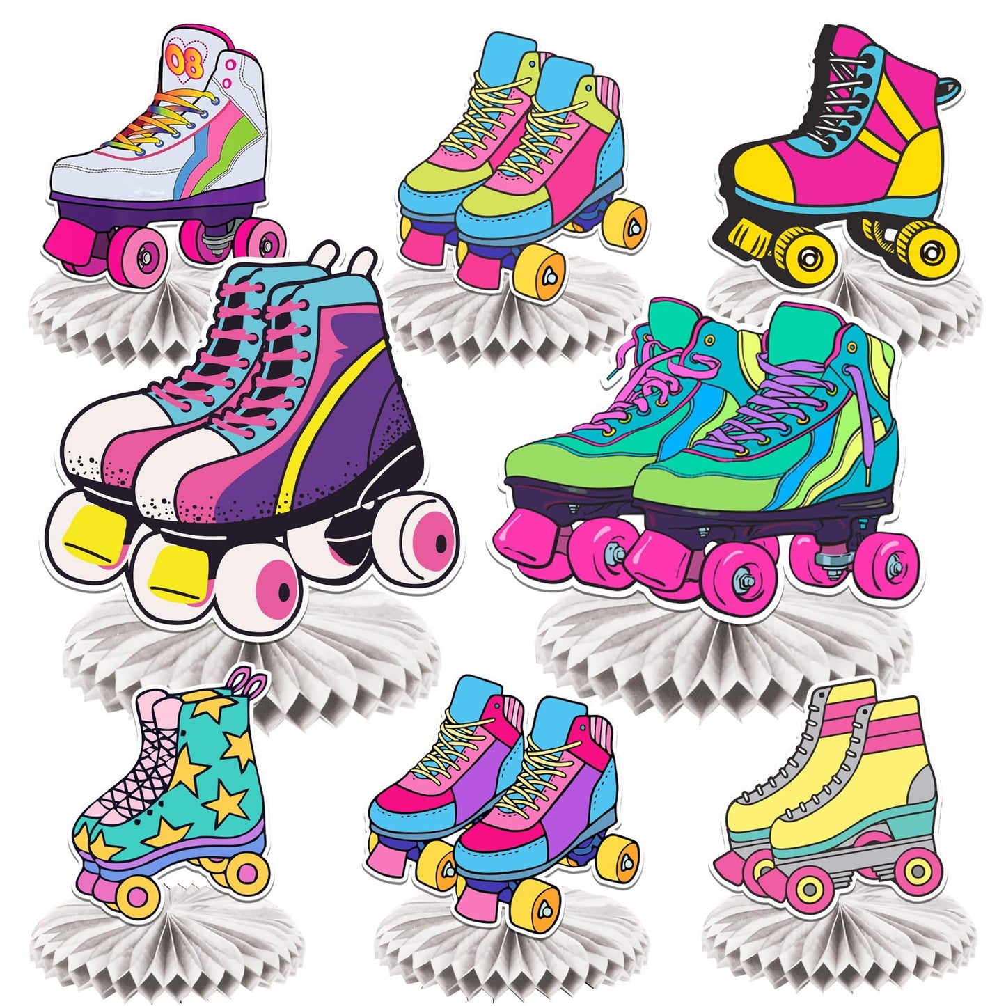 Neon Glow Roller Skates Centerpieces - Retro Hip Hop Party Decor for Girls Teens - Honeycomb Skates Birthday Decorations - Rainbow Skating Theme