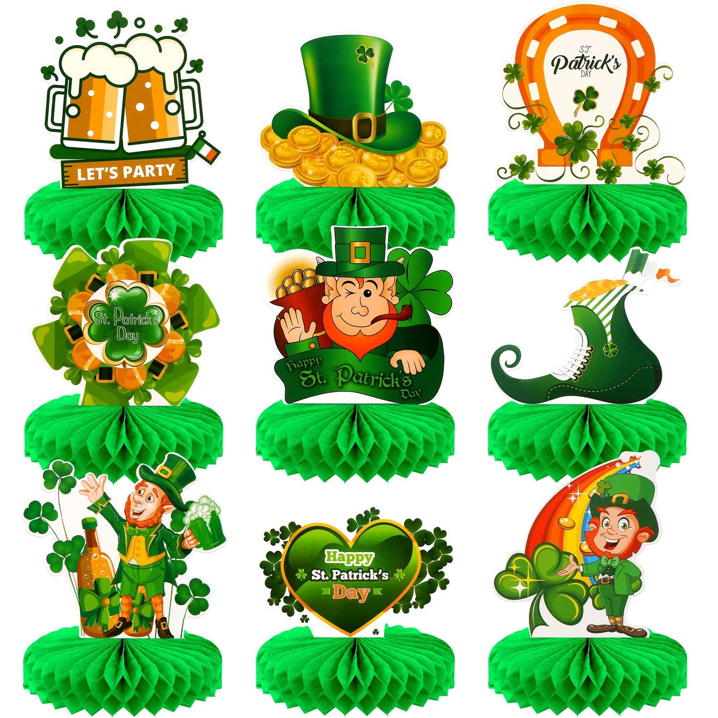 Shamrock Leprechaun Table Decor Pack - St Patricks Day Centerpiece & Honeycomb Decorations Set for St Patty's Day Celebration - 9 Pieces