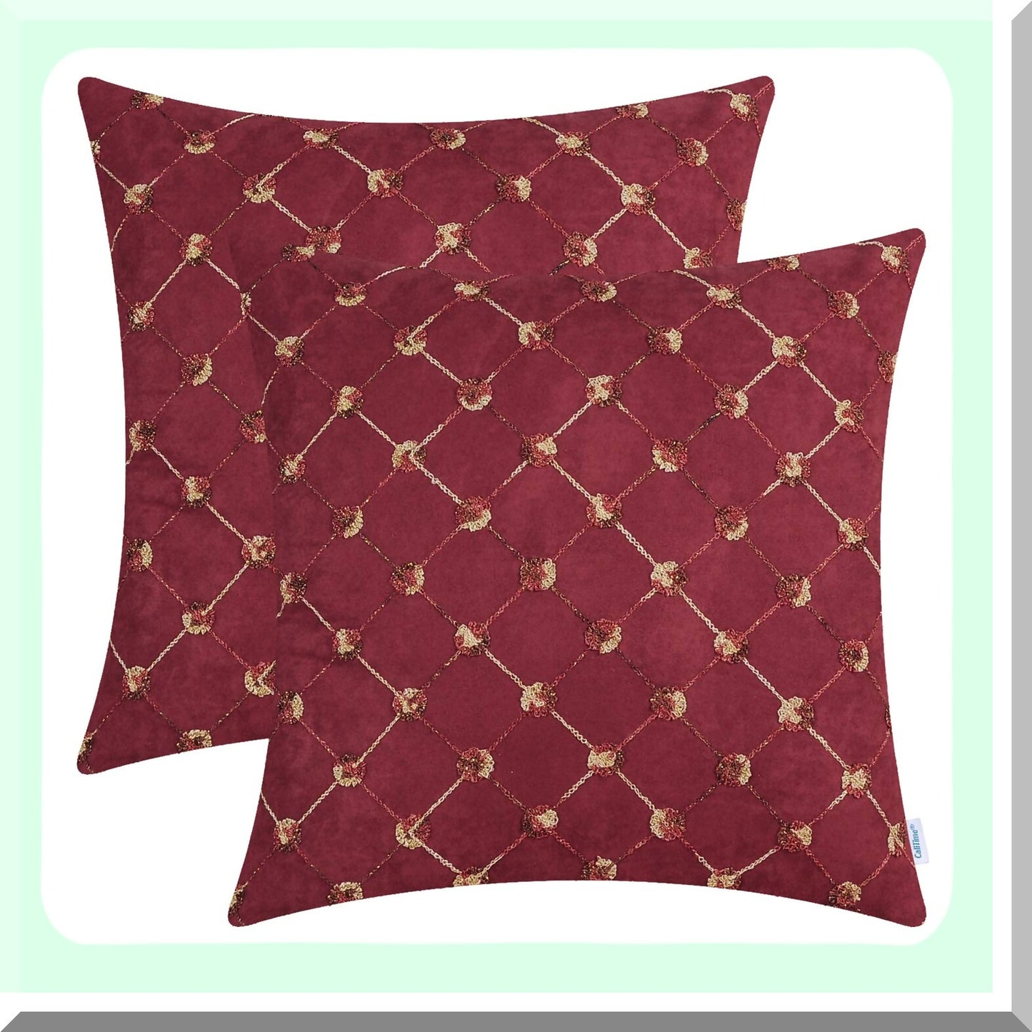 Diamond Chain Embroidered Throw Pillow Covers - Set of 2 | Modern Geometric Sofa Decor Cases | Supersoft 18 X 18 Inches Dark Red Trellis Shape