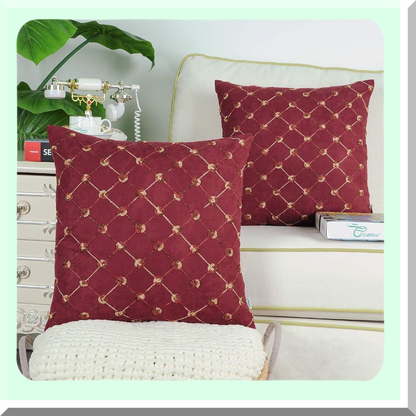 Diamond Chain Embroidered Throw Pillow Covers - Set of 2 | Modern Geometric Sofa Decor Cases | Supersoft 18 X 18 Inches Dark Red Trellis Shape