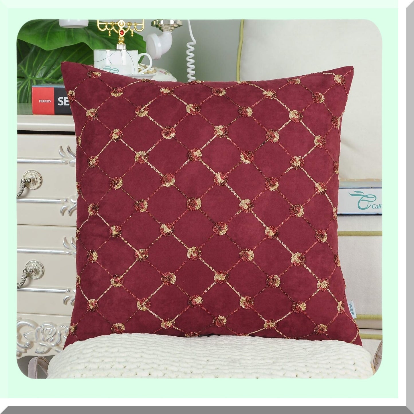 Diamond Chain Embroidered Throw Pillow Covers - Set of 2 | Modern Geometric Sofa Decor Cases | Supersoft 18 X 18 Inches Dark Red Trellis Shape