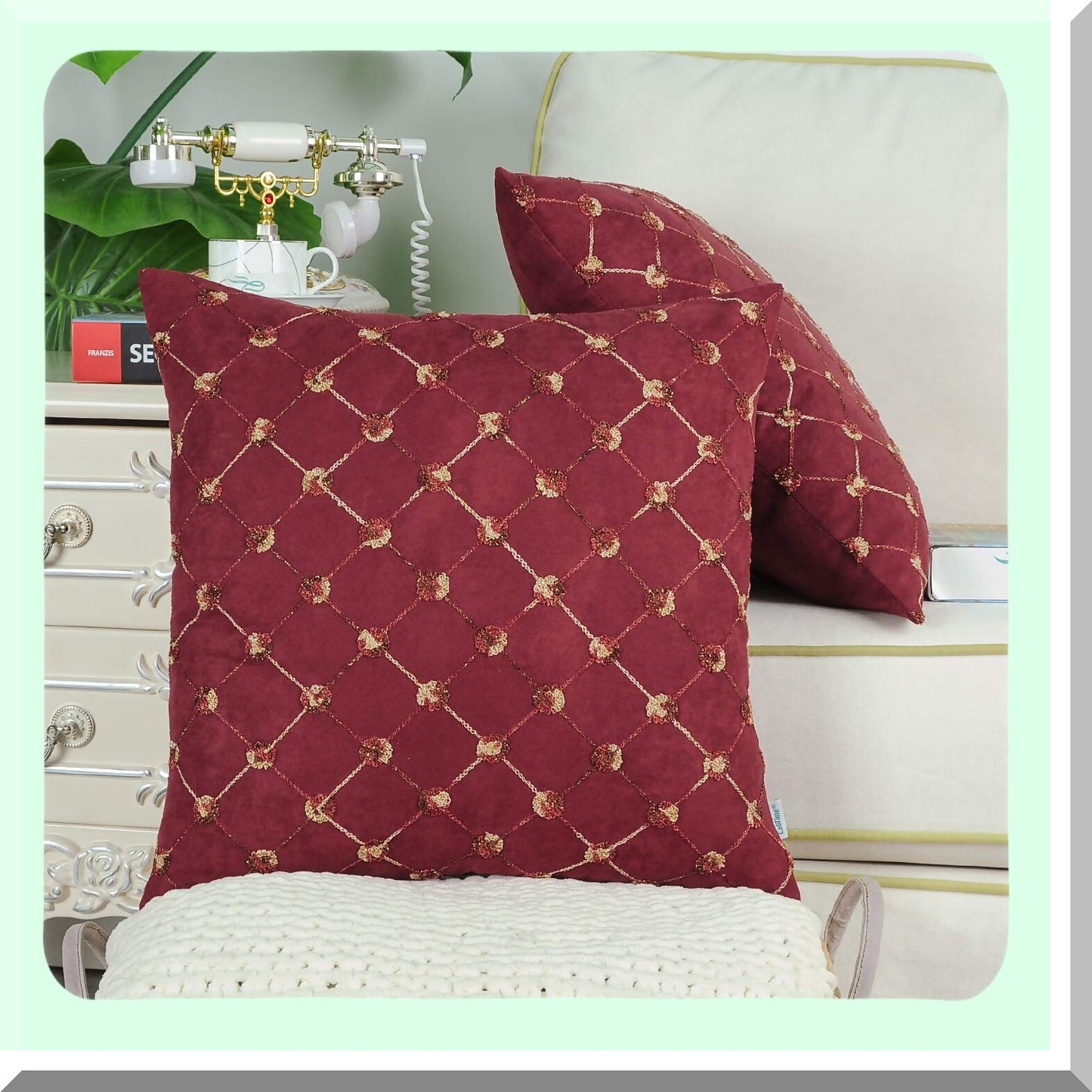 Diamond Chain Embroidered Throw Pillow Covers - Set of 2 | Modern Geometric Sofa Decor Cases | Supersoft 18 X 18 Inches Dark Red Trellis Shape